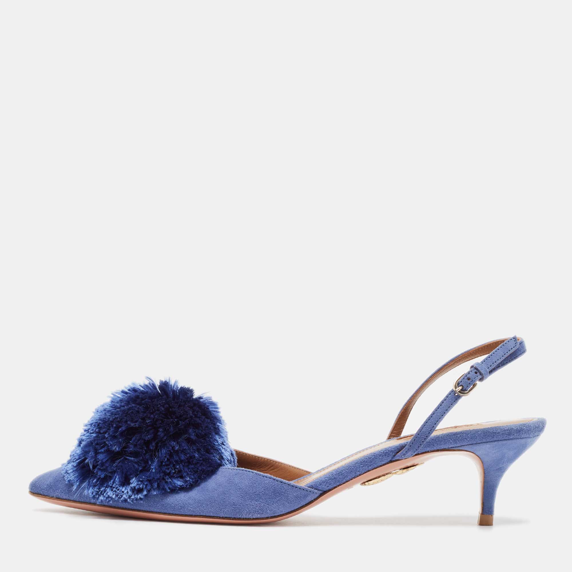 

Aquazzura Blue Fur and Suede Powder Puff Slingback Pumps Size