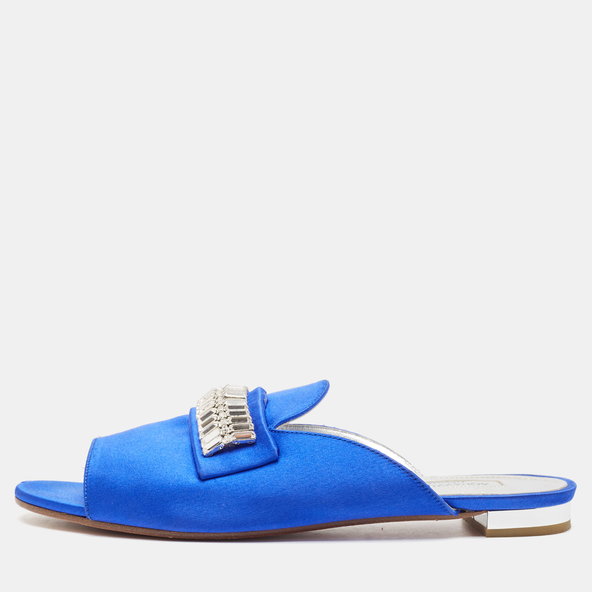 

Aquazzura Blue Satin Crystal Embellished Flat Slides Size