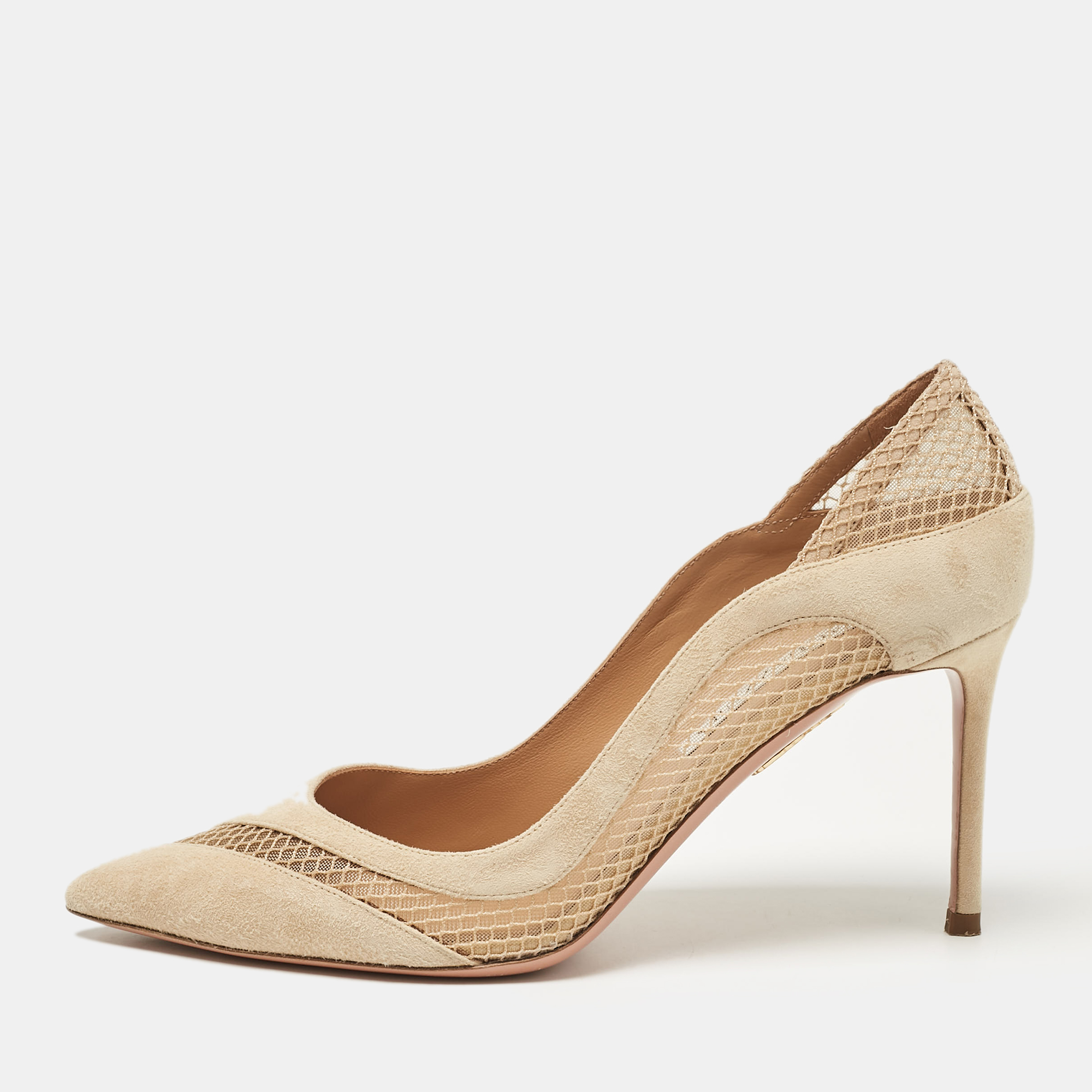 Pre-owned Aquazzura Beige Suede And Mesh Pointed Toe Pumps Size 38.5