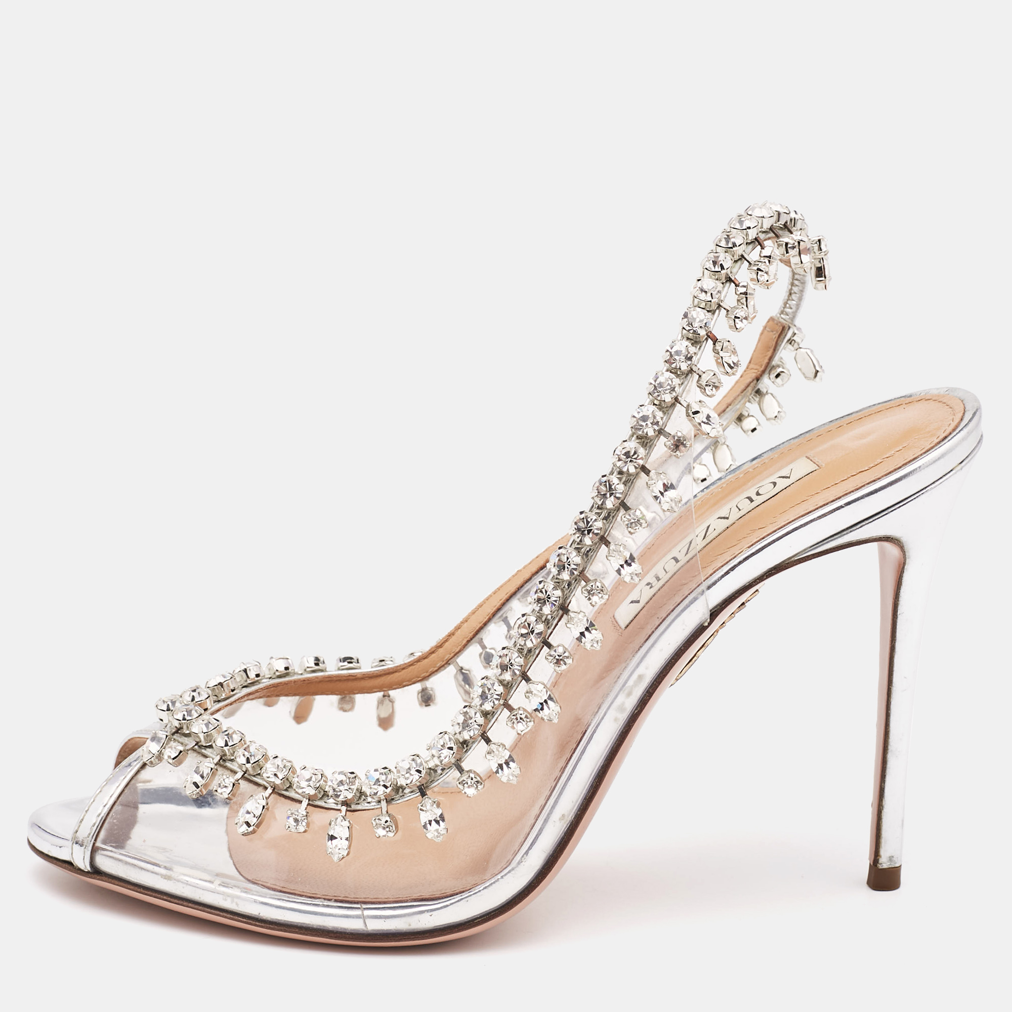 

Aquazzura Transparent/Silver PVC and Patent Leather Temptation Slingback Sandals Size