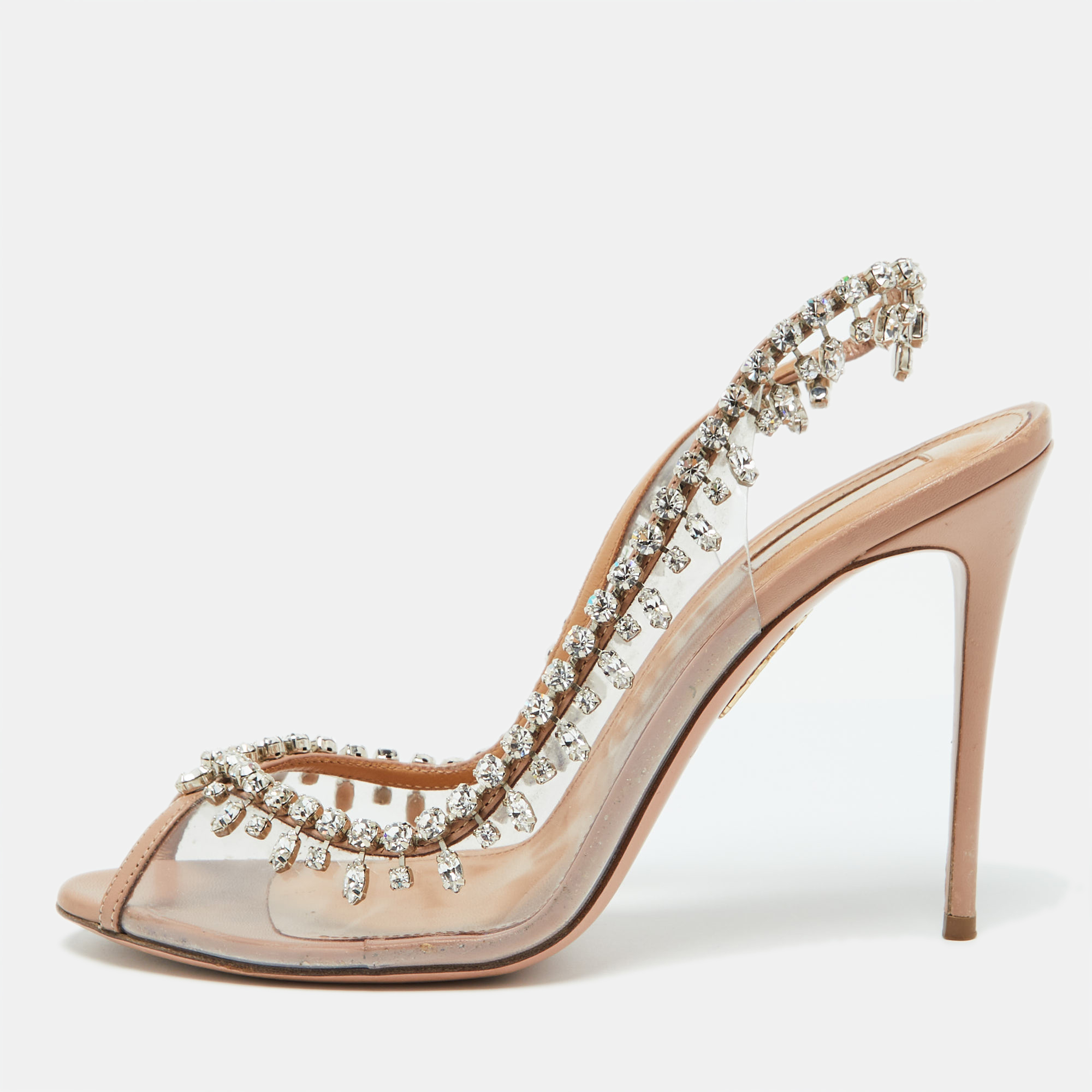 

Aquazzura Beige Leather and PVC Crystal Temptation Slingback Sandals Size