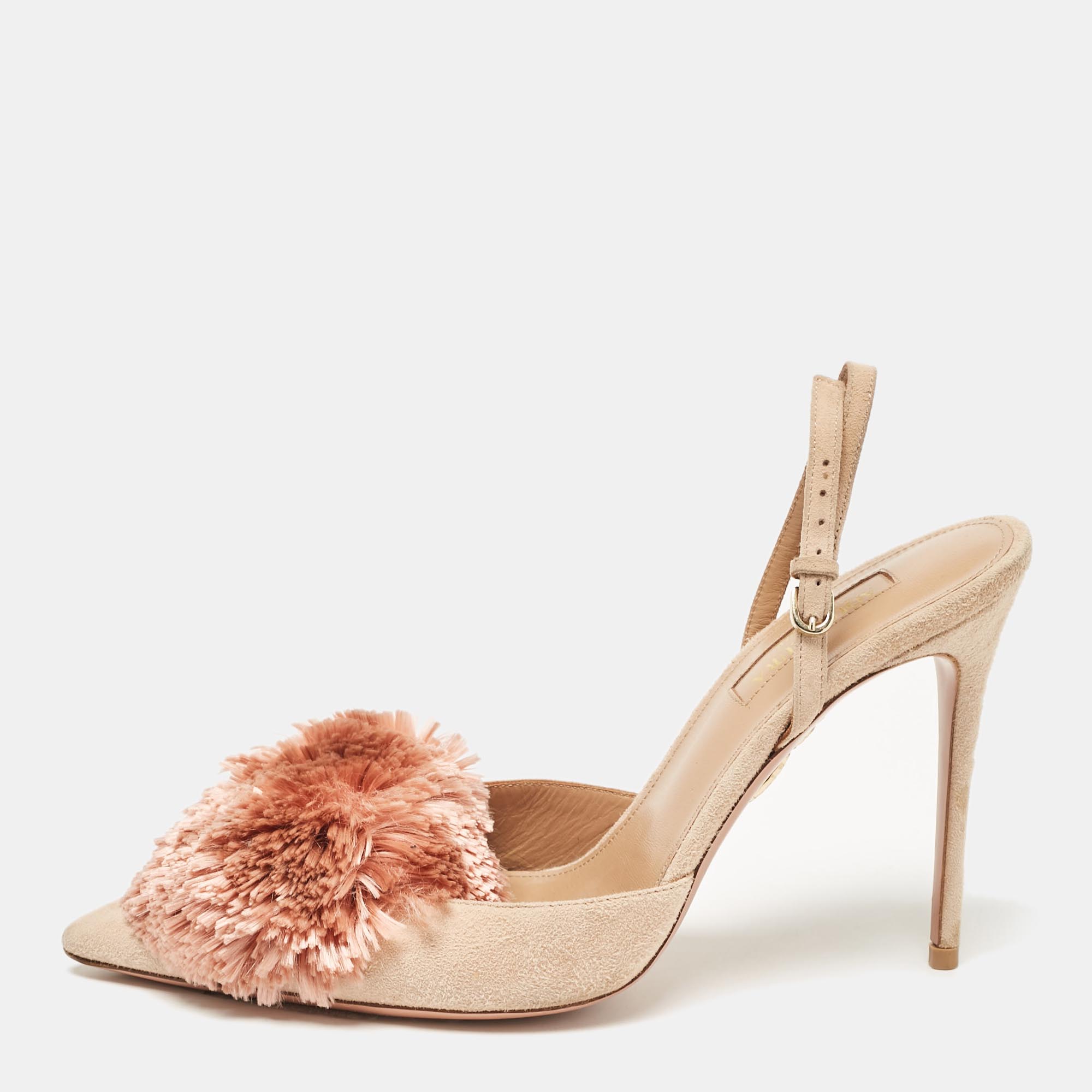 

Aquazzura Beige Suede Powder Puff Pointed Toe Slingback Sandals Size