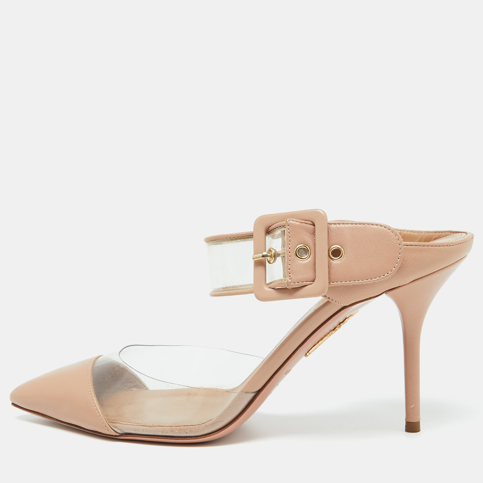 

Aquazzura Beige Leather and PVC Optic Buckle Pointed Toe Mules Size