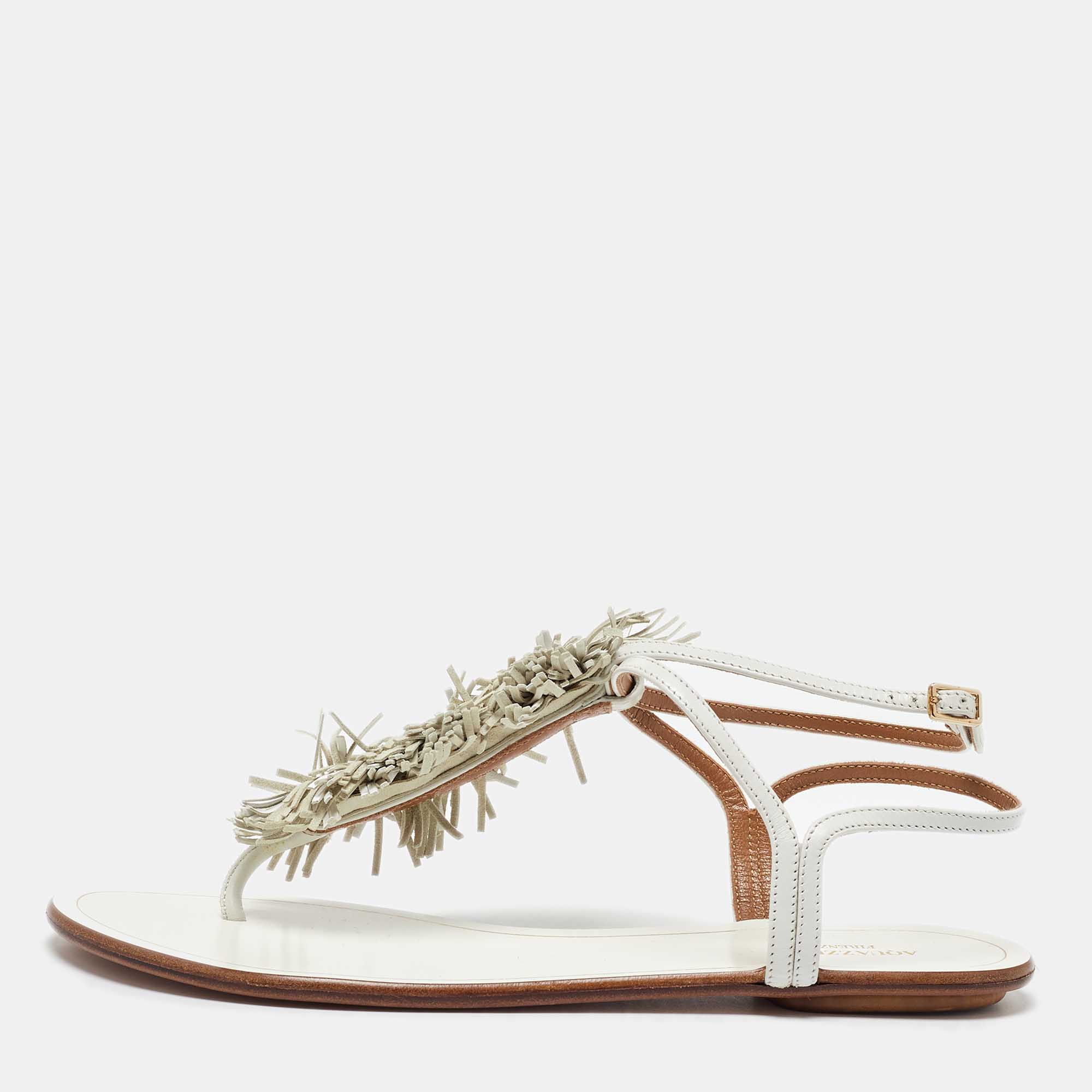 

Aquazzura White Leather Fringe Trim Accent Flat Sandals Size