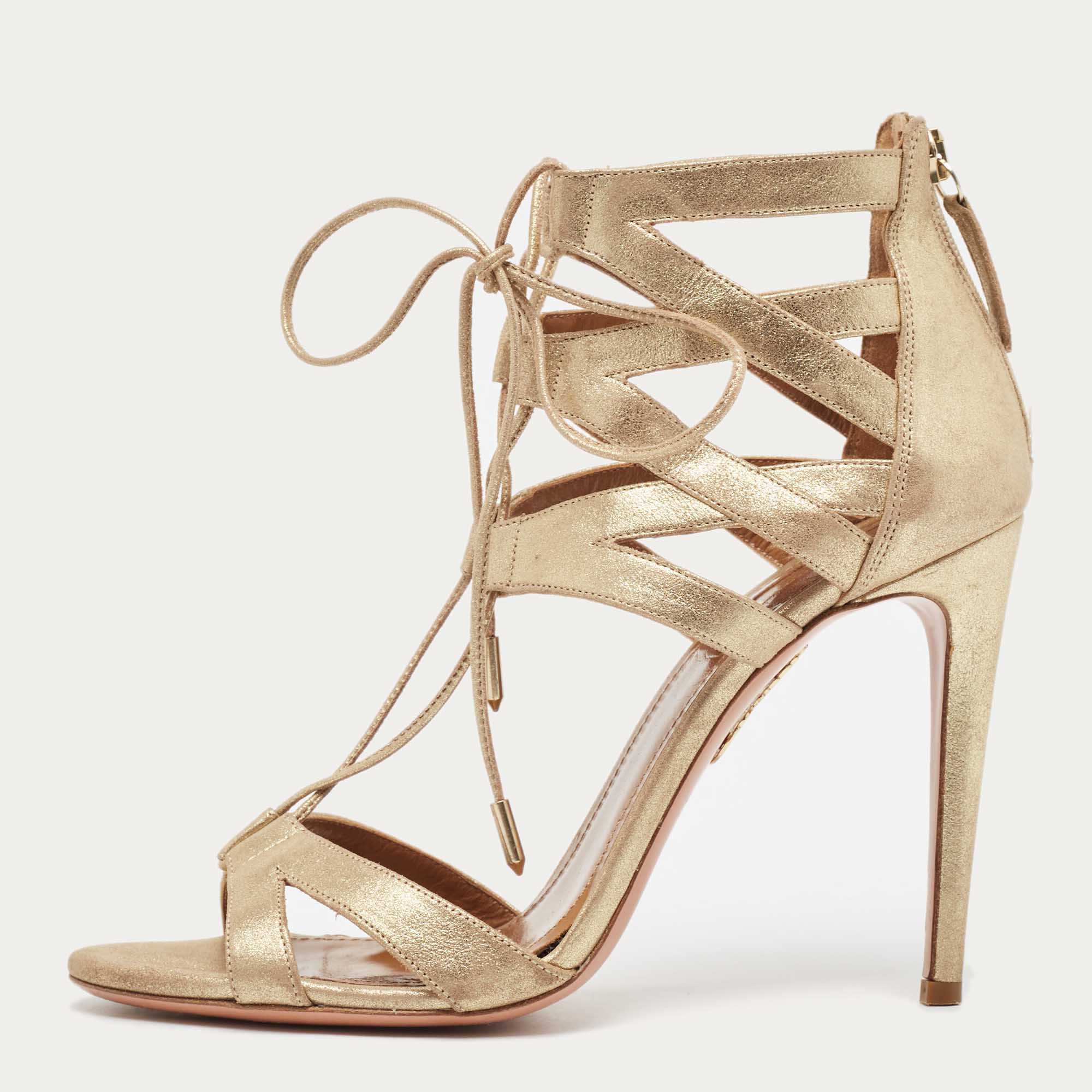 

Aquazzura Gold Textured Suede Beverly Hills Sandals Size