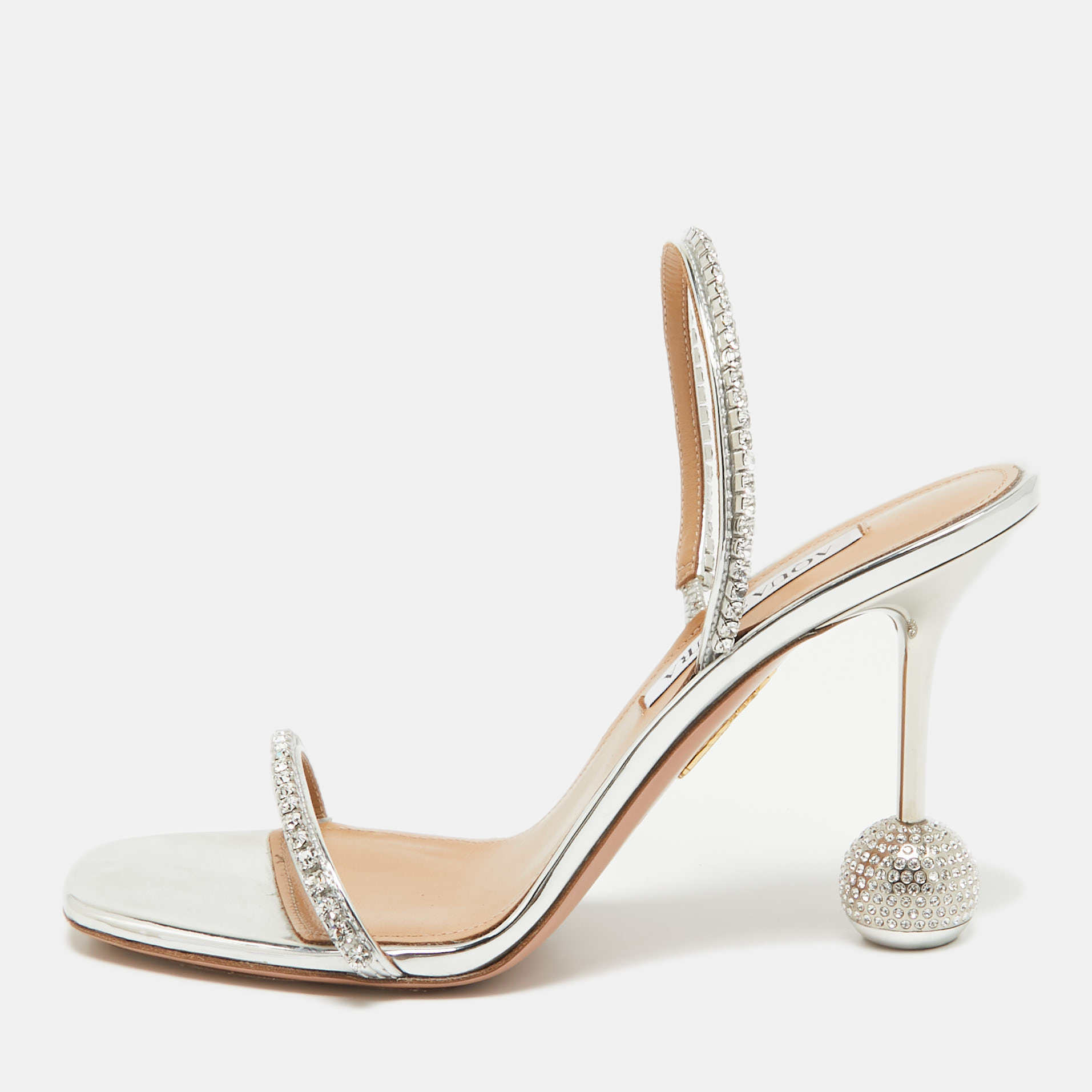 

Aquazzura Silver Leather Crystal Embellished Yes Darling Slingback Sandals Size