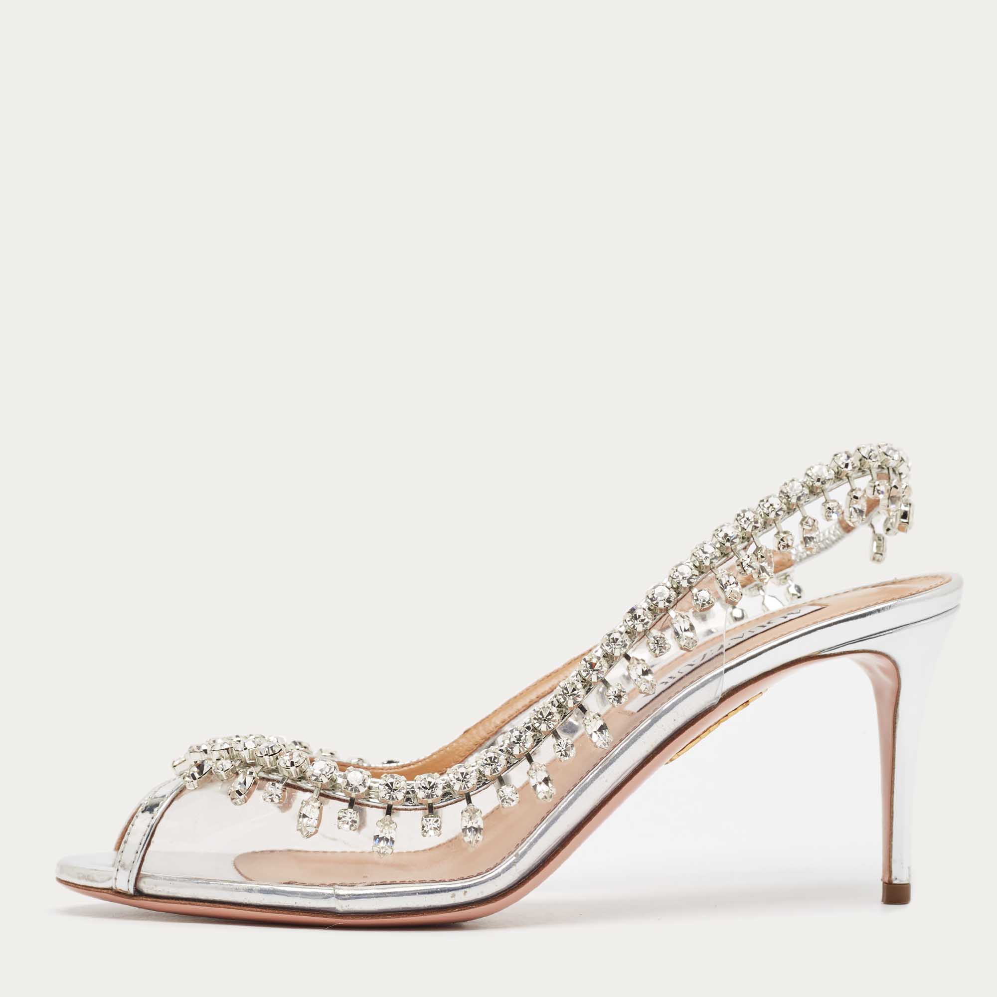 

Aquazzura Silver Leather and PVC Temptation Slingback Pumps Size