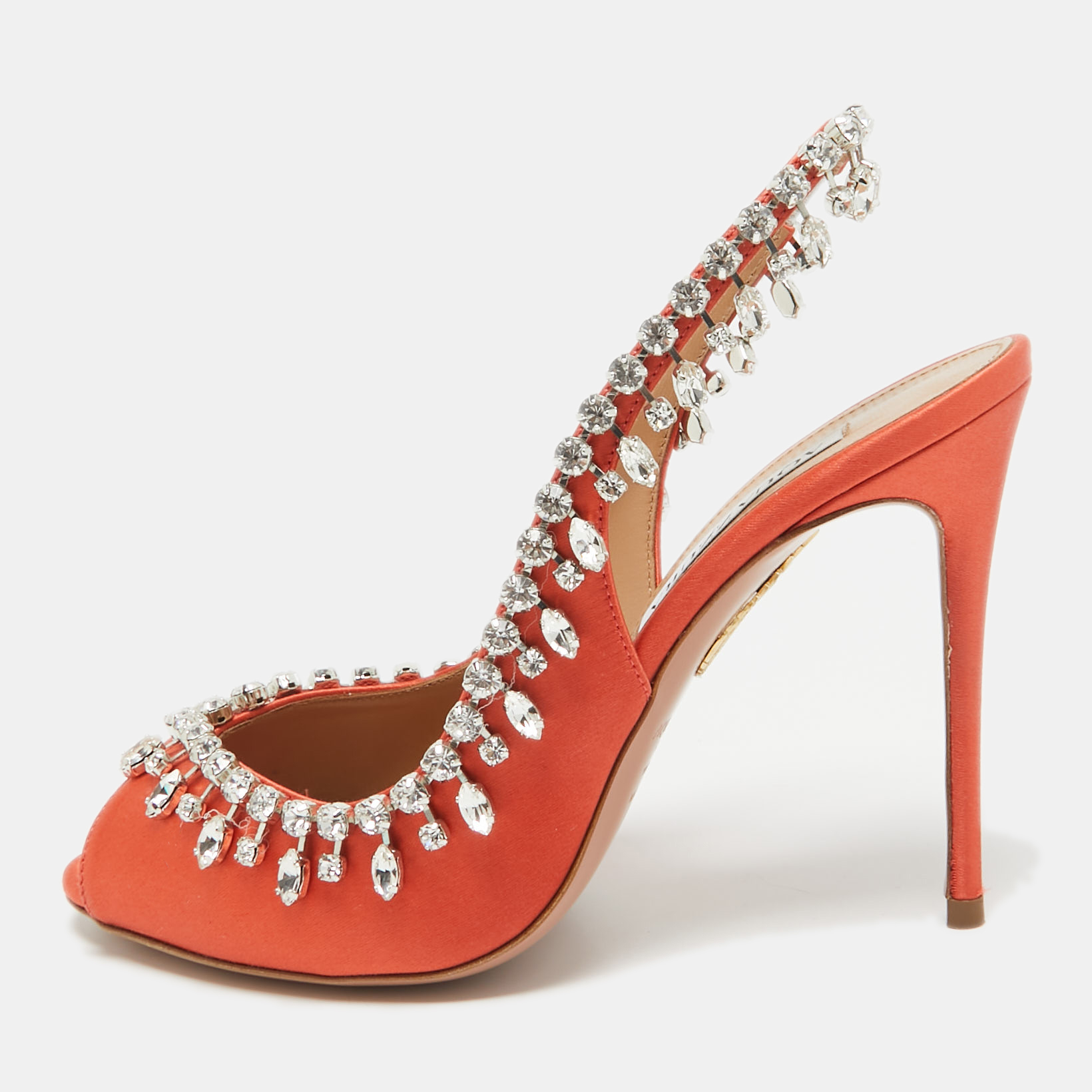 

Aquazzura Orange Satin Crystal Embellished Temptation Peep Toe Pumps Size