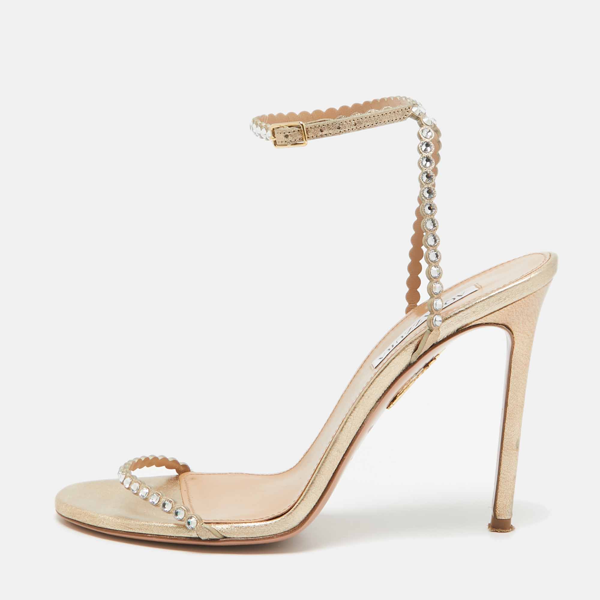 

Aquazzura Gold Leather Tequila Ankle Strap Sandals Size