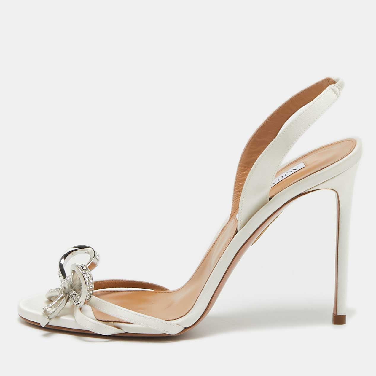 

Aquazzura White Satin Bow Embellished Babe Slingback Sandals Size