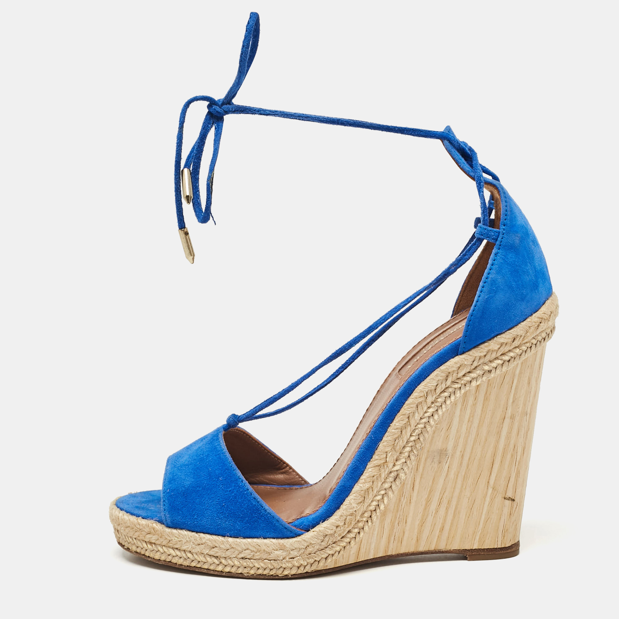 

Aquazzura Blue Suede Ankle Tie Wedge Sandals Size