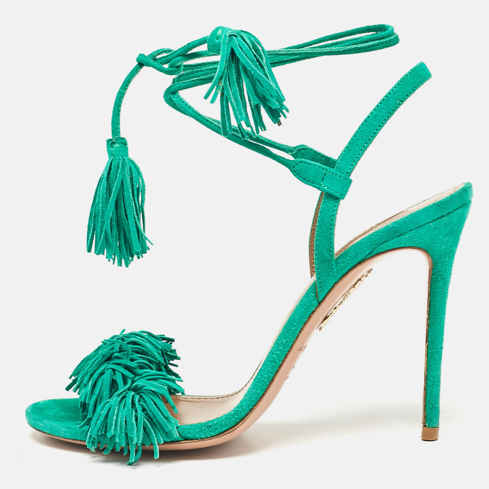 

Aquazzura Green Suede Fringed Wild Thing Ankle Strap Sandals Size