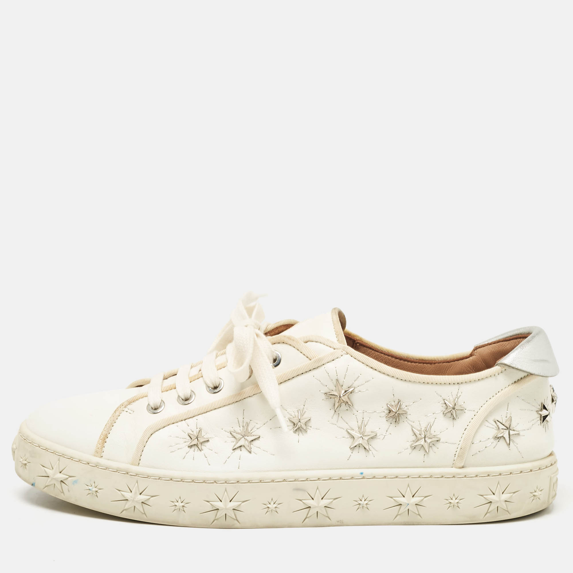 

Aquazzura White/Silver Leather Cosmic Star-Stud Low Top Sneakers Size