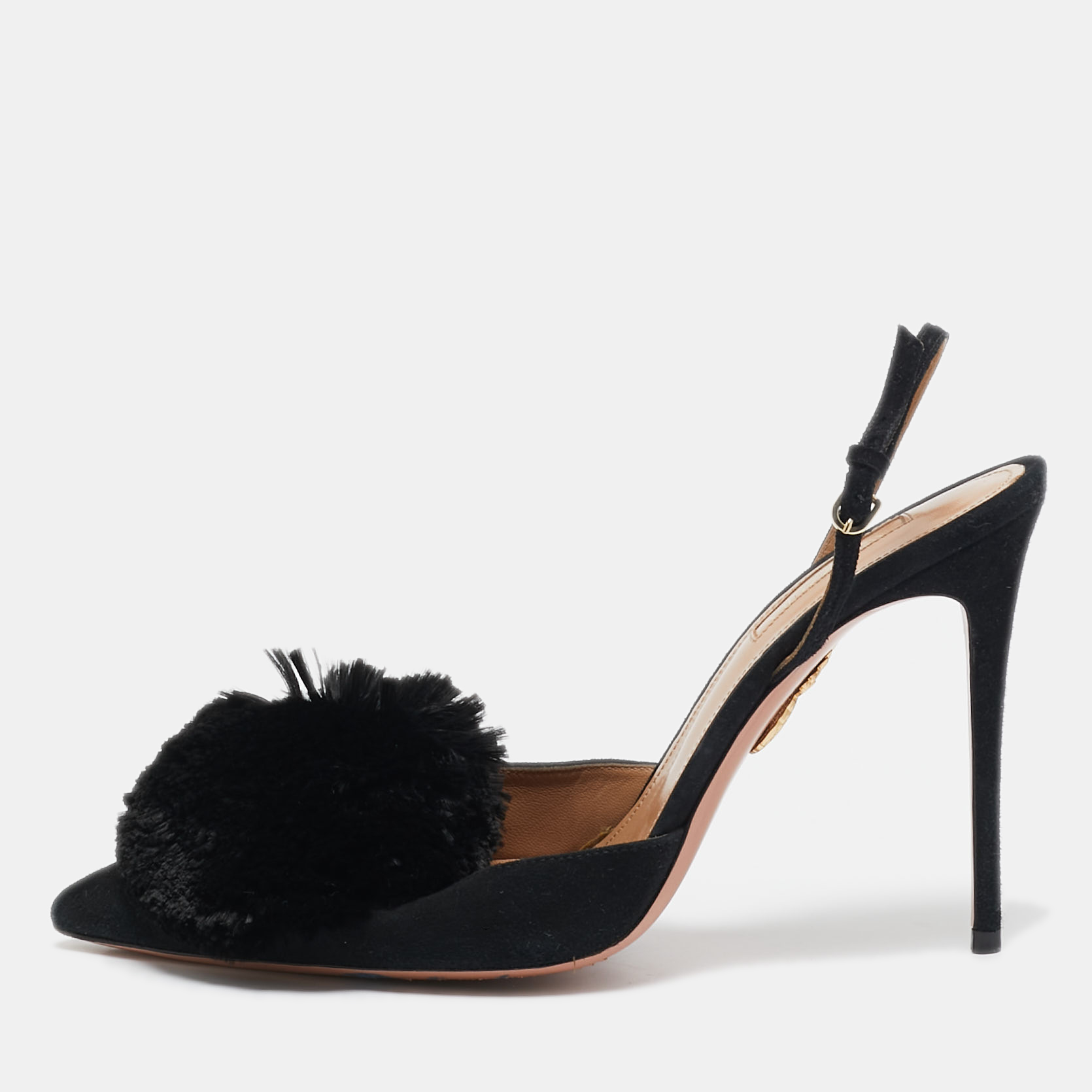 

Aquazzura Black Suede Powder Puff Pointed Toe Slingback Sandals Size