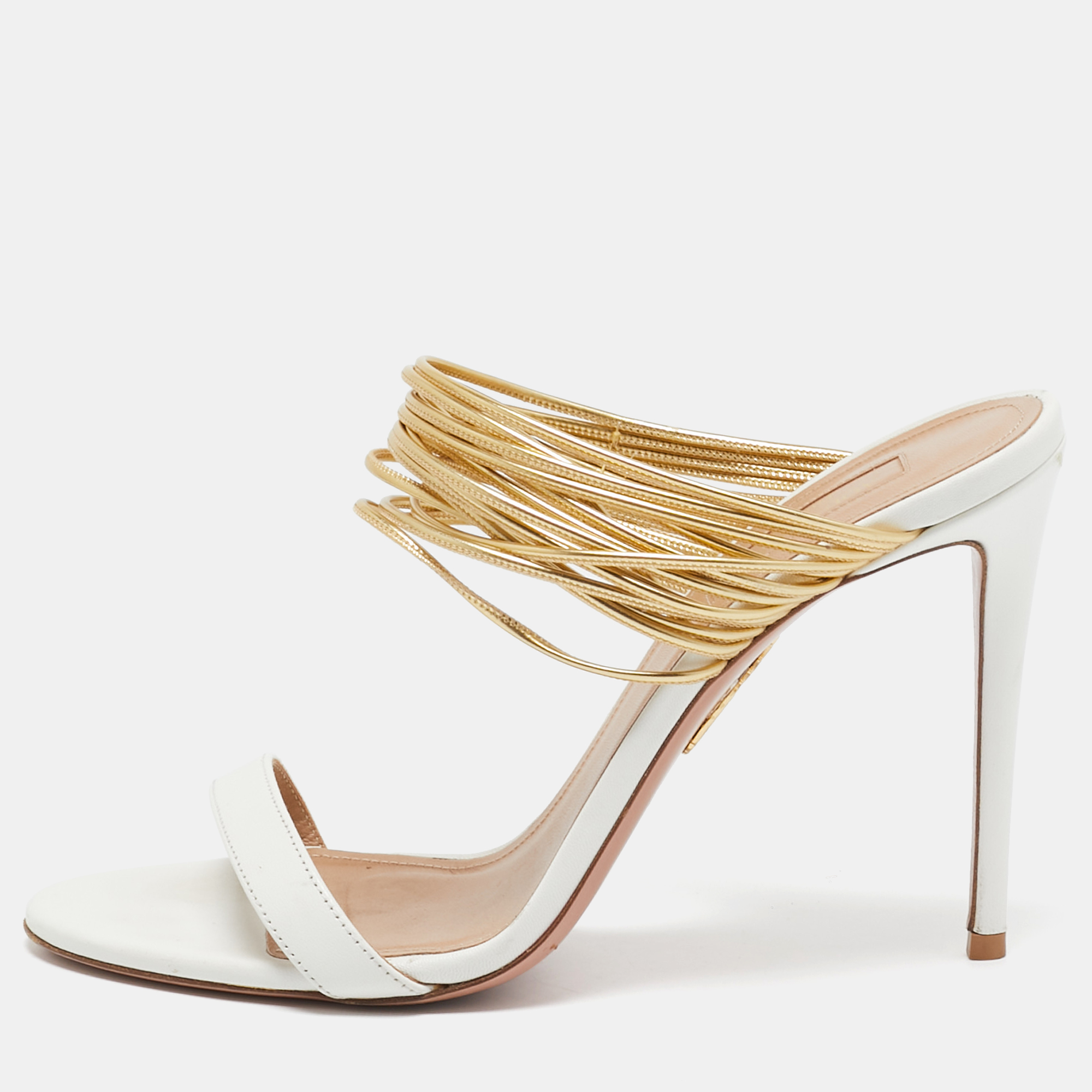 

Aquazzura White/Gold Leather Rendez Vous Slide Sandals Size