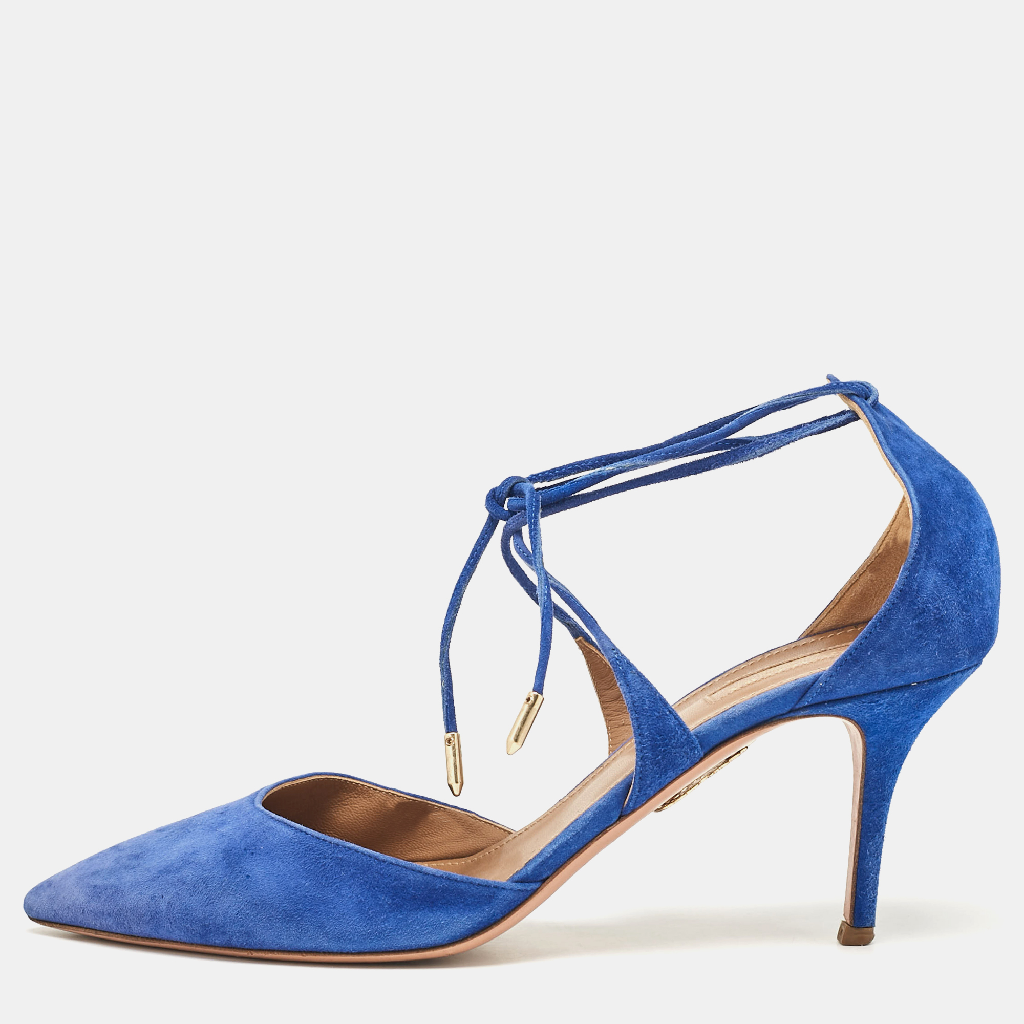 

Aquazzura Blue Suede Matilde Ankle Wrap Pumps Size