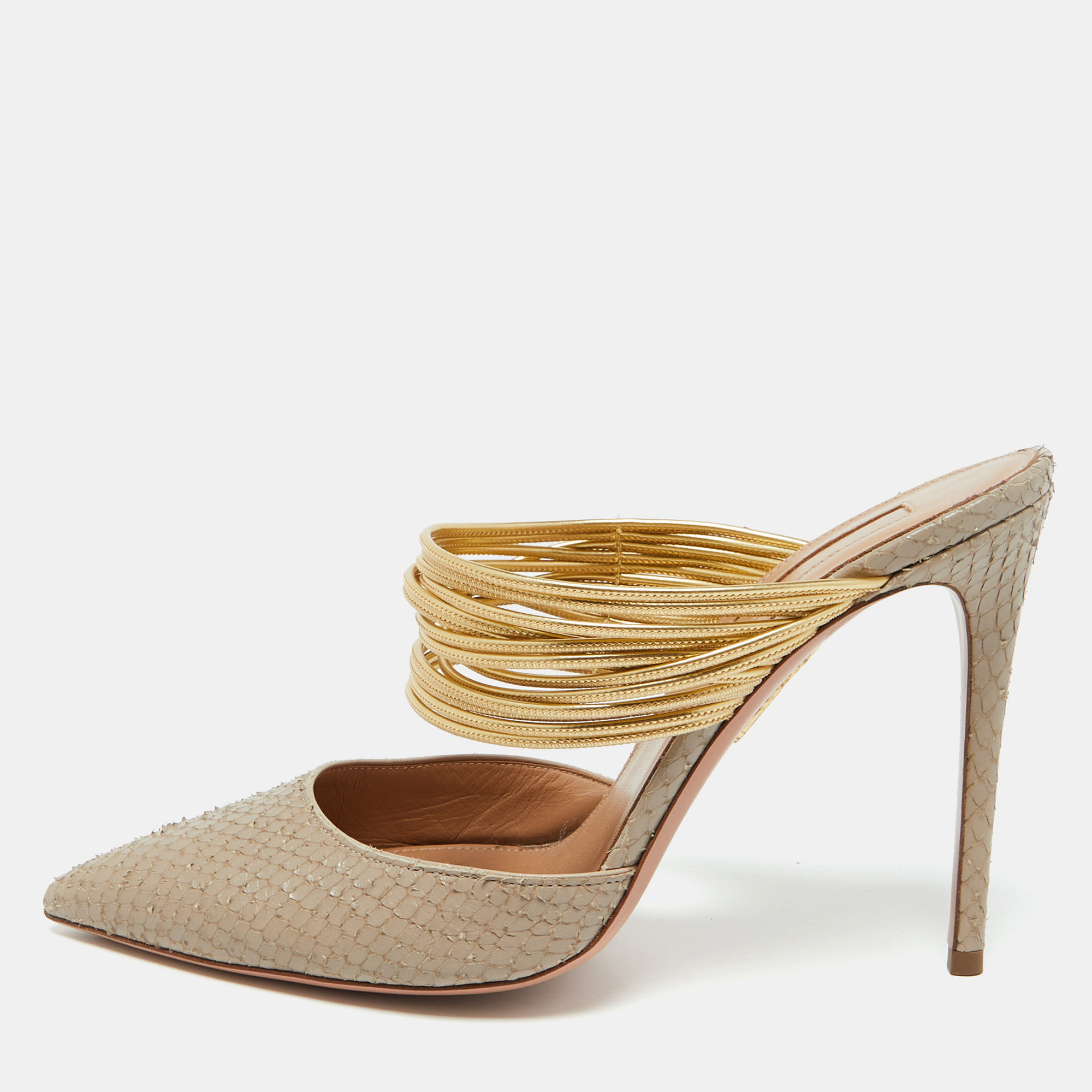 

Aquazzura Beige/Gold Snakeskin Embossed Leather Rendez Vous Mules Size