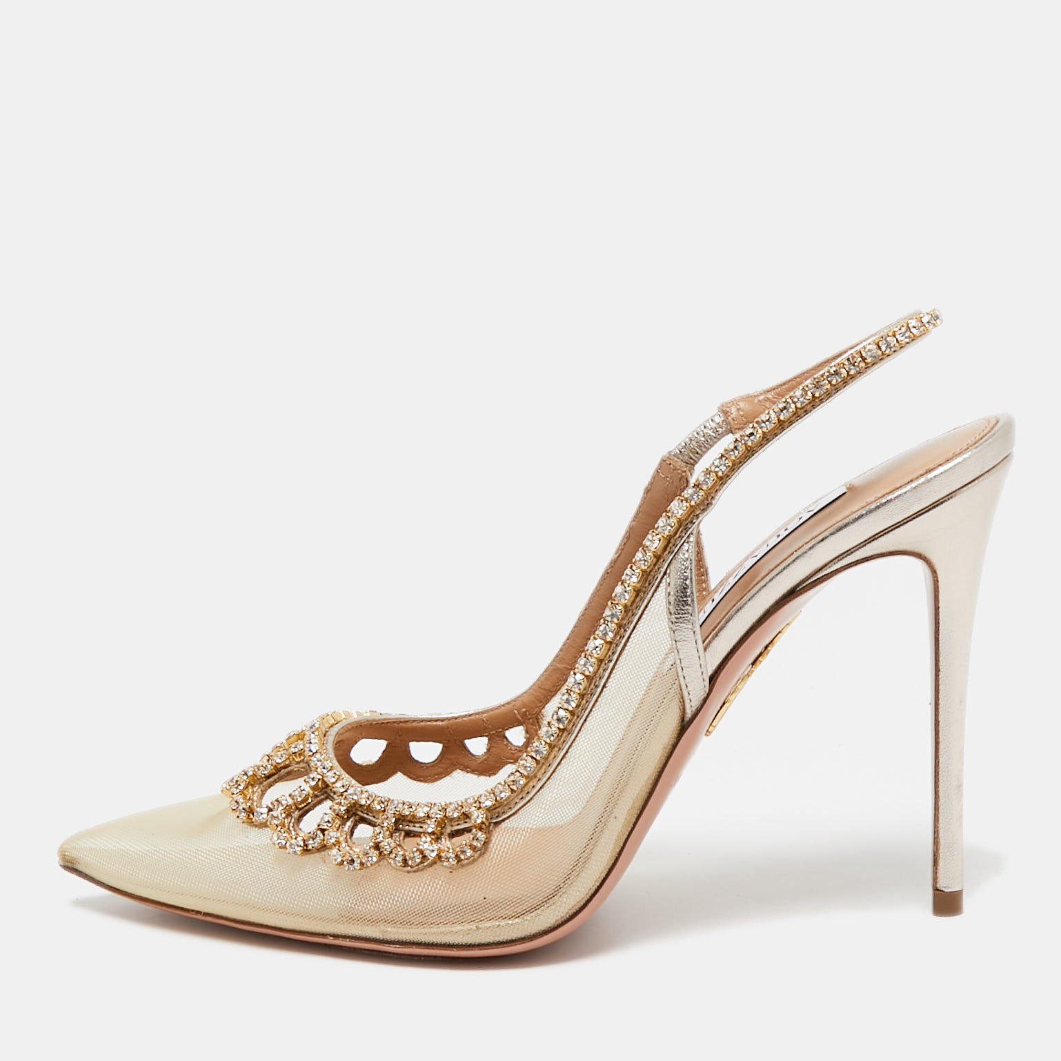 

Aquazzura Gold Leather and Mesh Tiara Crystal Embellished Pumps Size