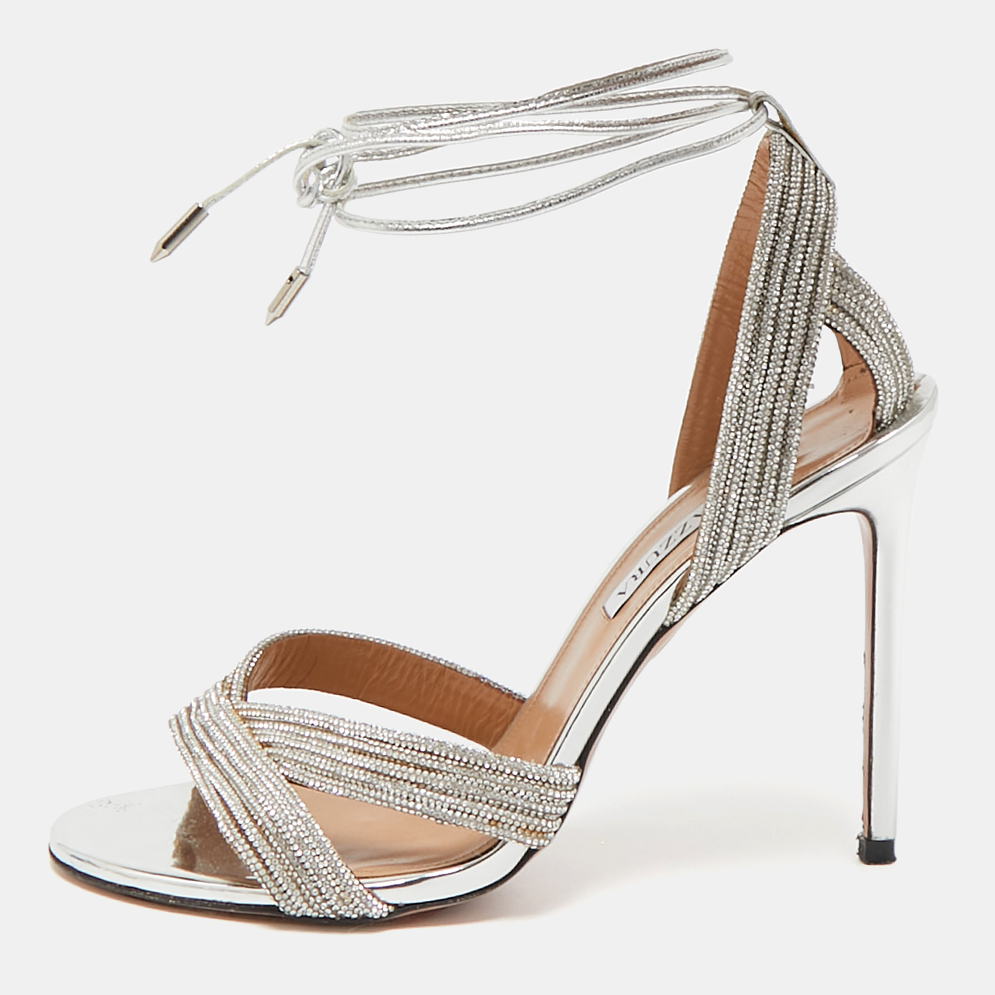 

Aquazzura Silver Leather Crystal Embellished Ari Ankle Wrap Sandals Size