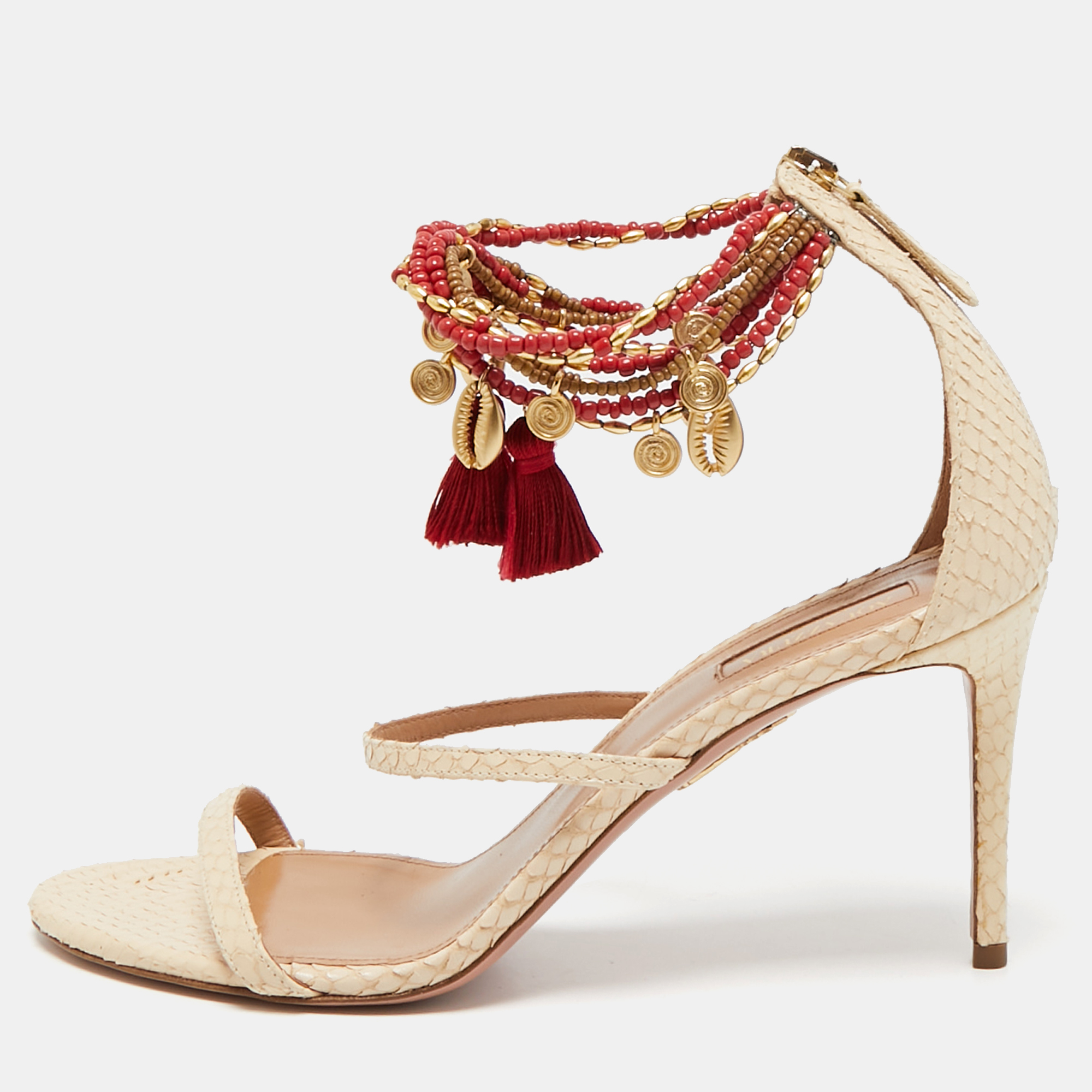 

Aquazzura Beige Python Embossed Leather India Ankle Strap Sandals Size