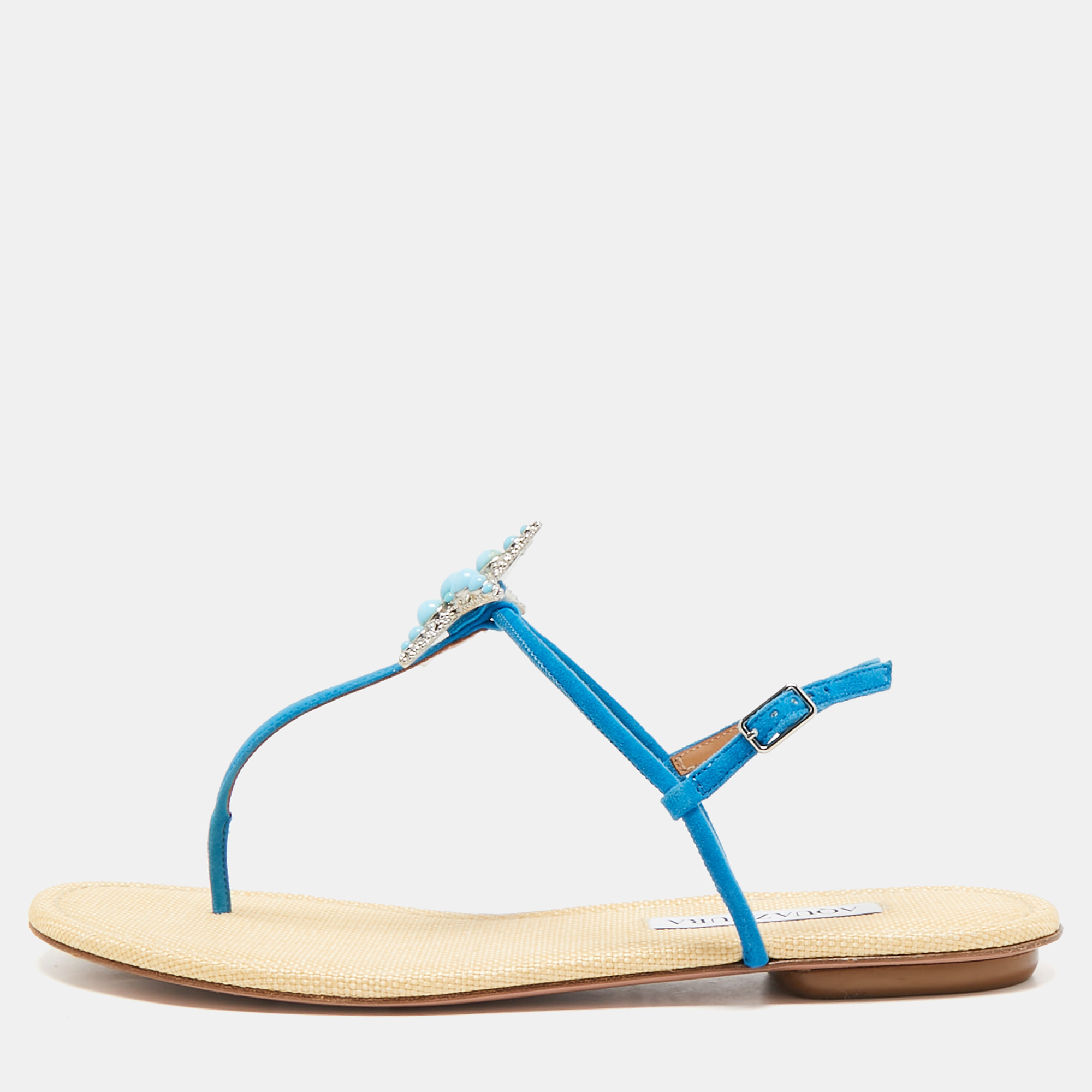 

Aquazzura Blue Suede Seastar Thong Sandals Size