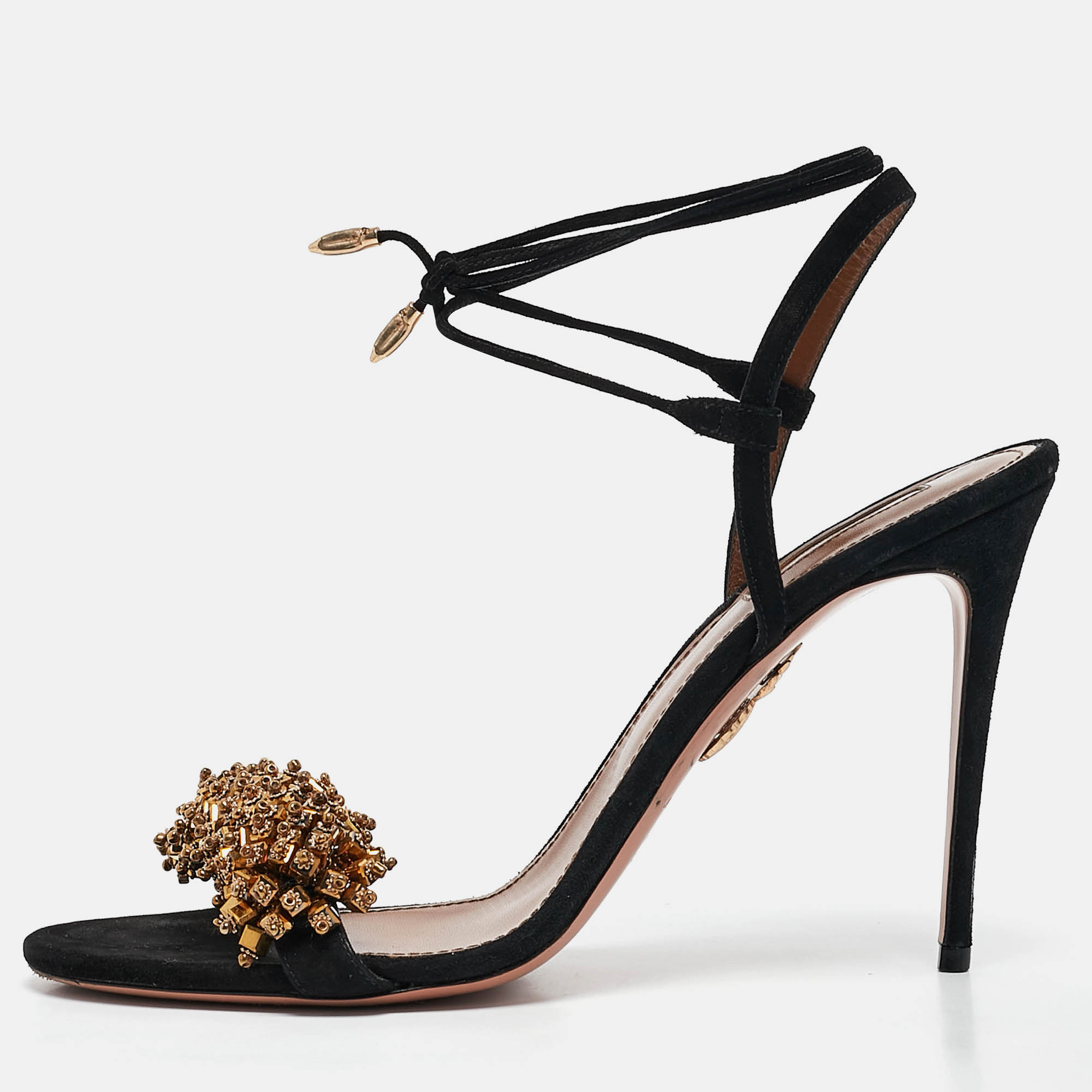 

Aquazzura Black Suede Embellished Monaco Ankle Tie Sandals Size