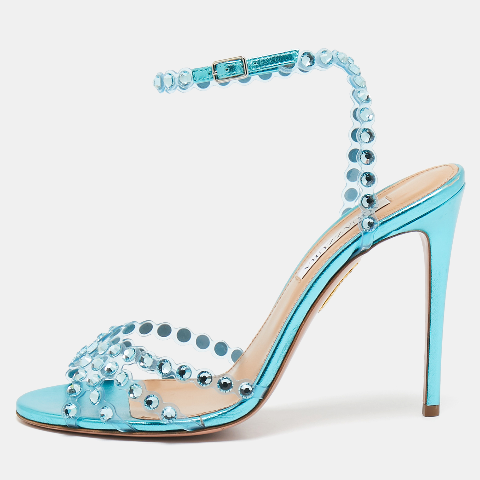 

Aquazzura Transparent/Metallic Aqua PVC and Leather Dance Plexi Sandals Size