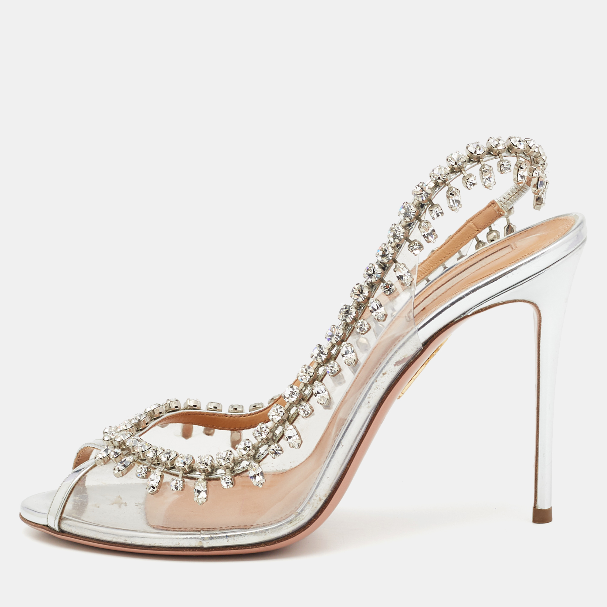 

Aquazzura Silver PVC And Leather Temptation Crystal Sandals Size