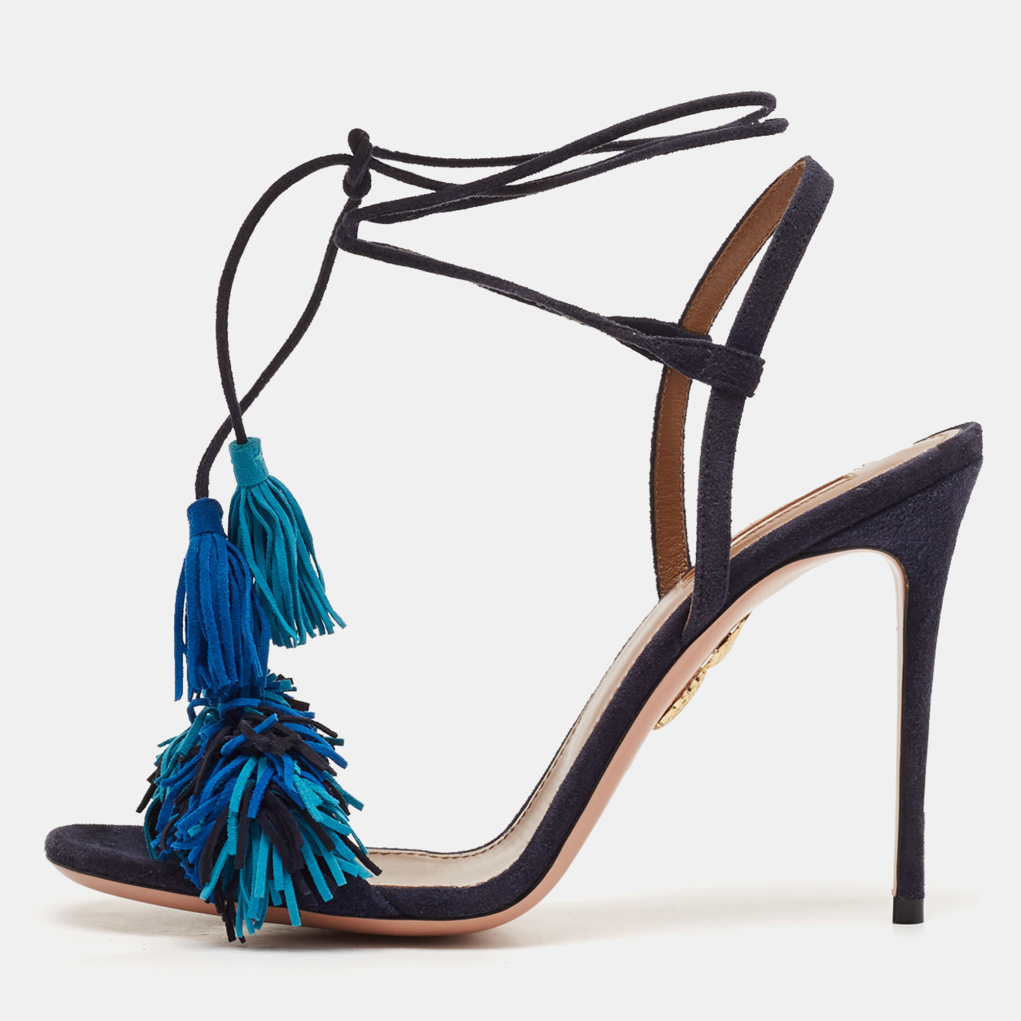 

Aquazzura Blue Suede Wild Thing Fringe Ankle Strap Sandals Size