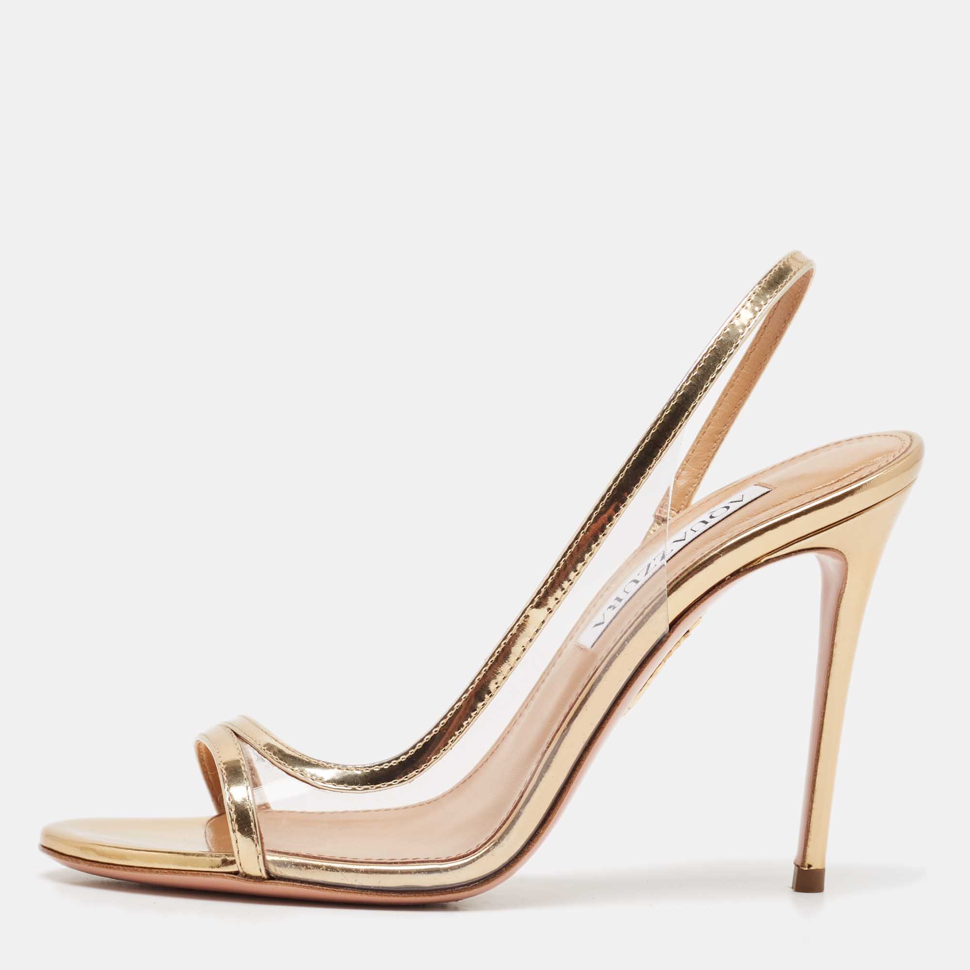 

Aquazzura Gold Leather and PVC Nude Slingback Sandals Size