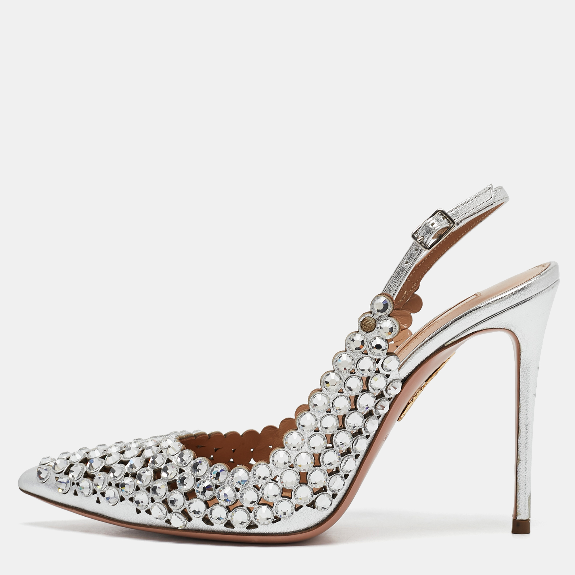 

Aquazzura Silver Leather Tequila Crystal Slingback Pumps Size