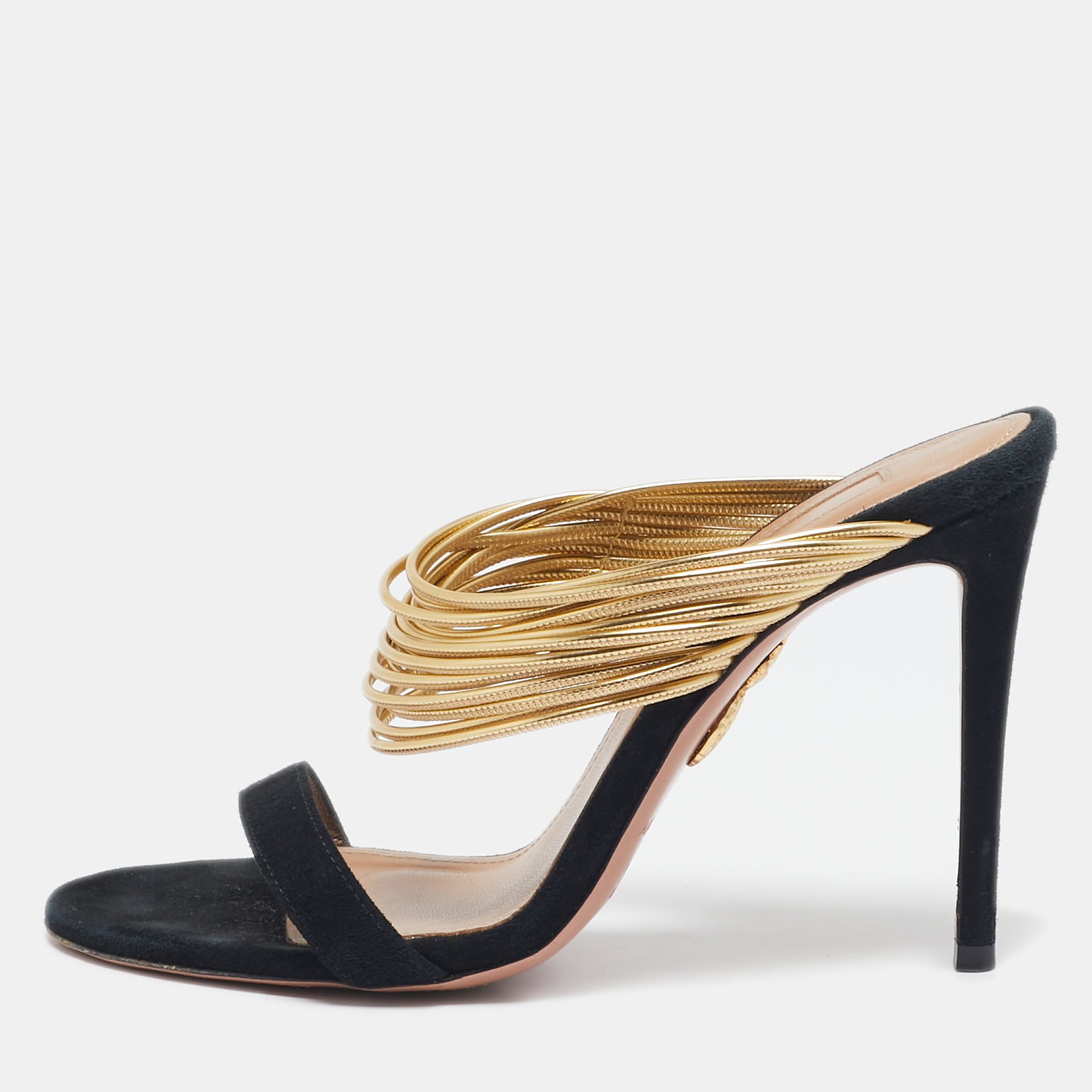 

Aquazzura Black/Gold Suede and Leather Rendez Vous Sandals Size