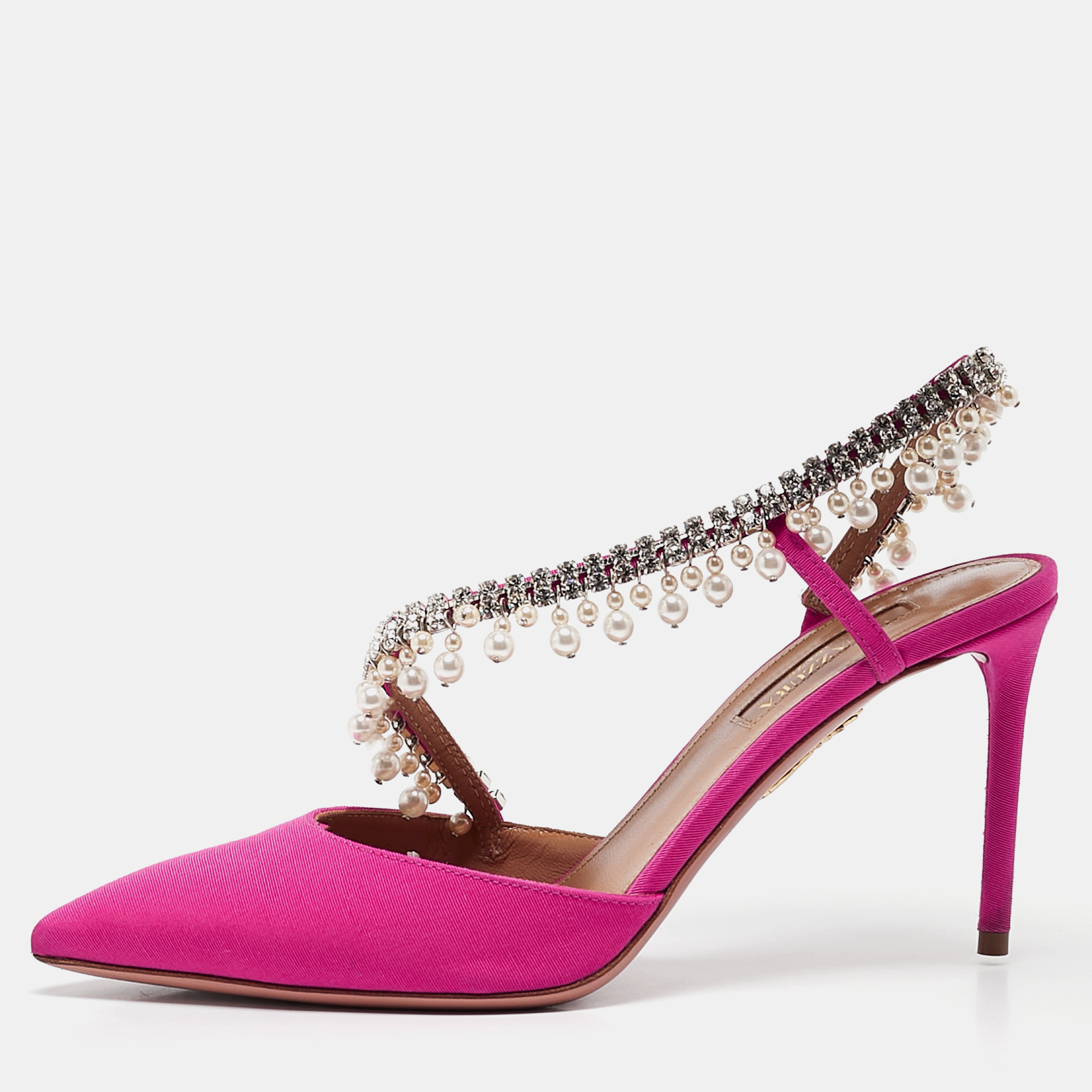 

Aquazzura Pink Fabric Crystal Embellished Slingback Pumps Size