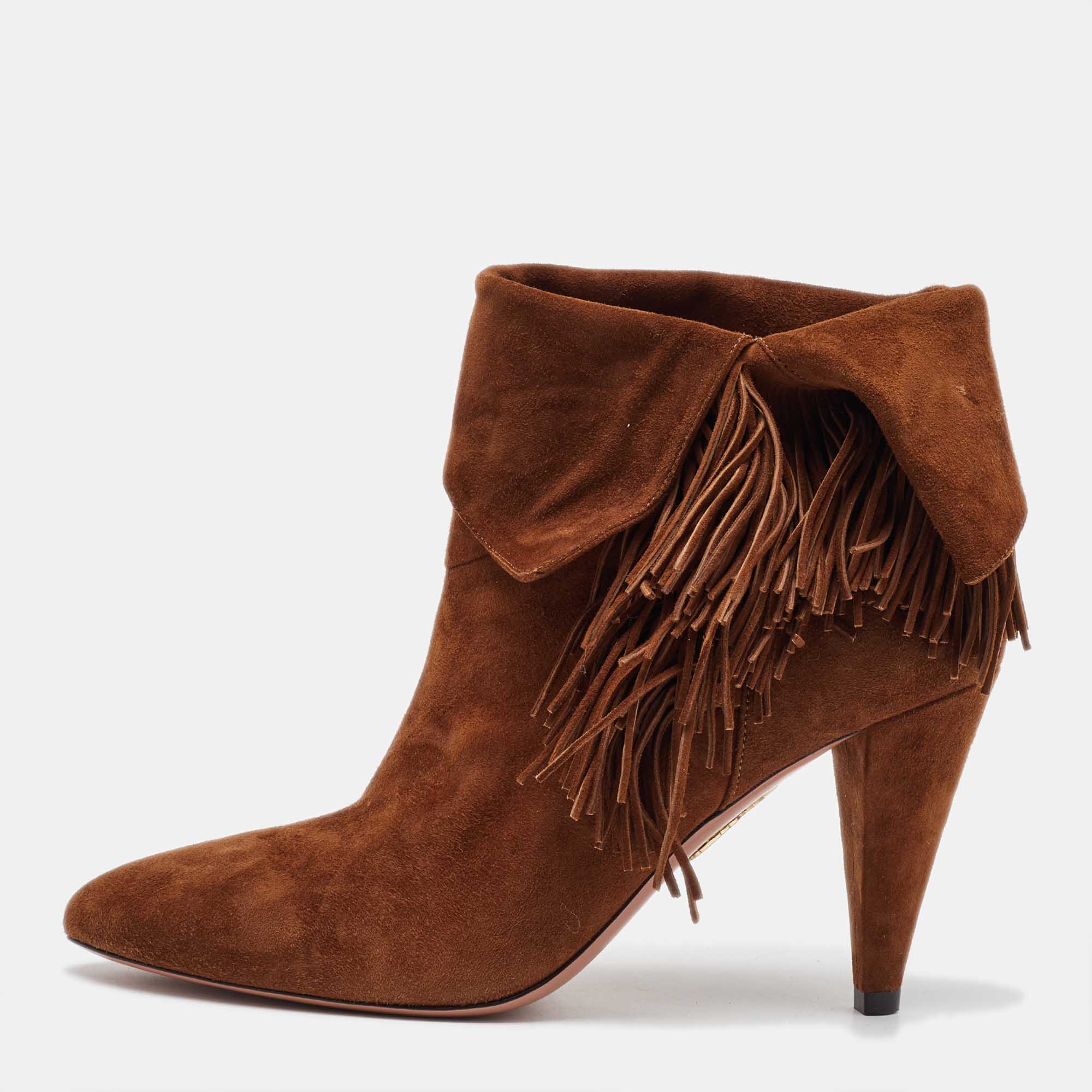 

Aquazzura Brown Suede Fringe Detail Ankle Length Boots Size