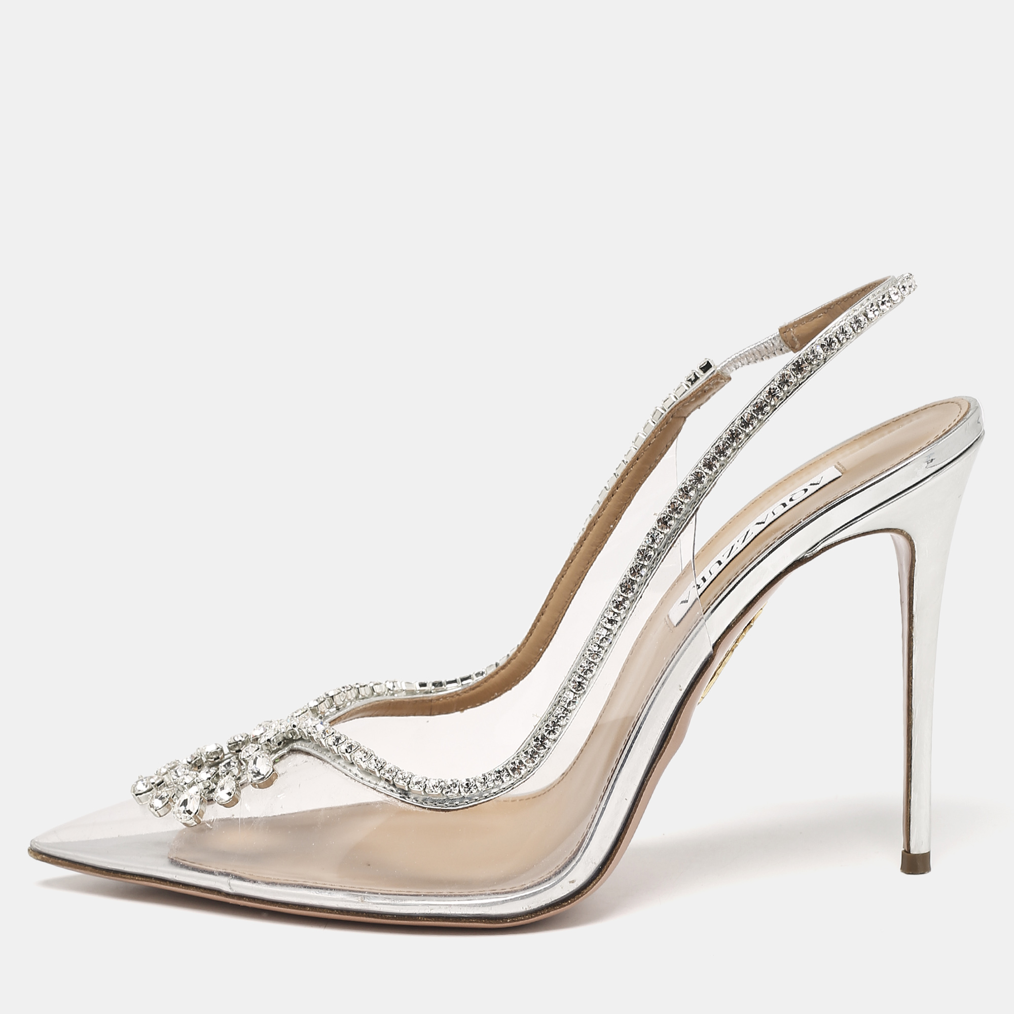 

Aquazzura Silver/Transparent Leather and PVC Seduction Pumps Size