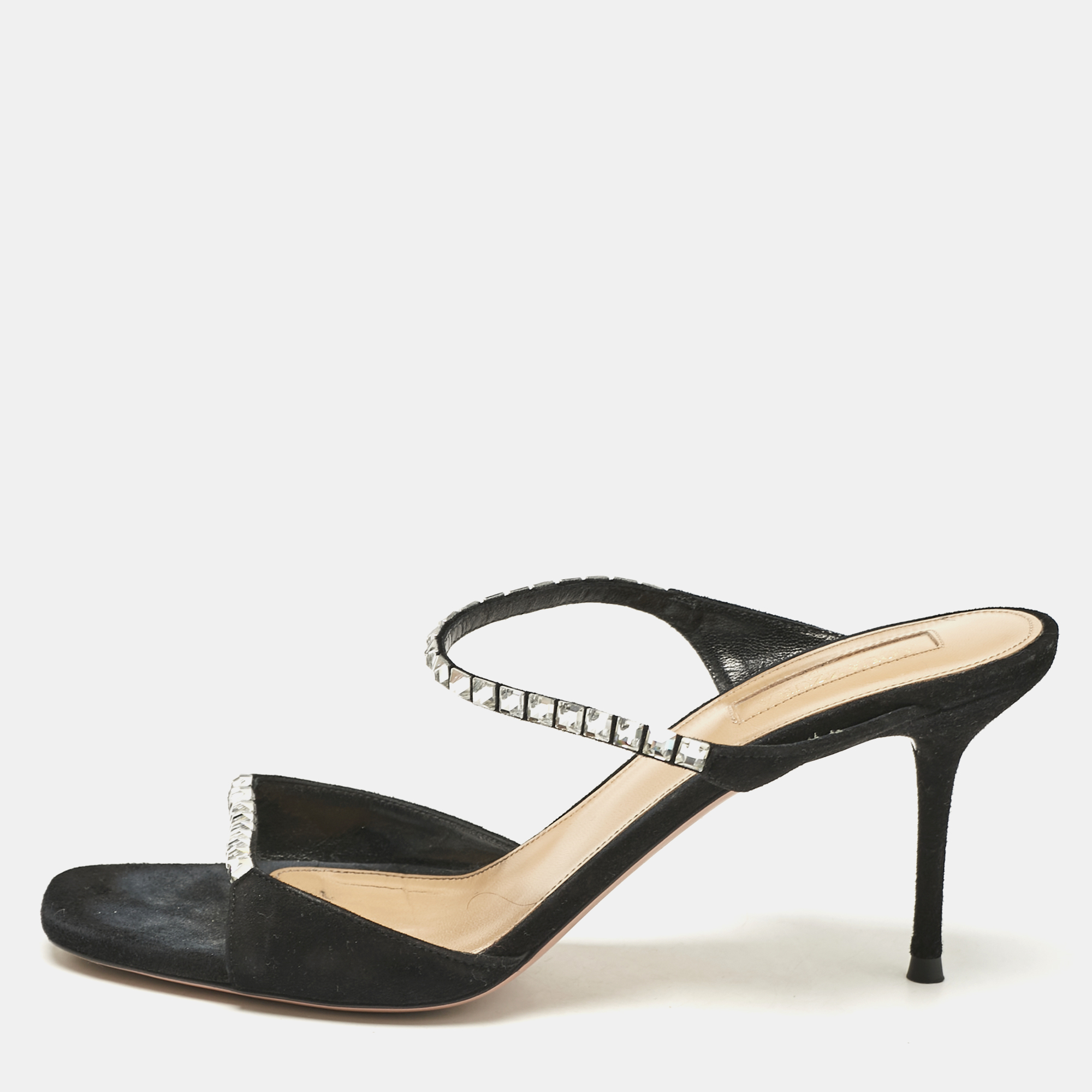 

Aquazzura Black Suede Crystal Embellished Slide Sandals Size