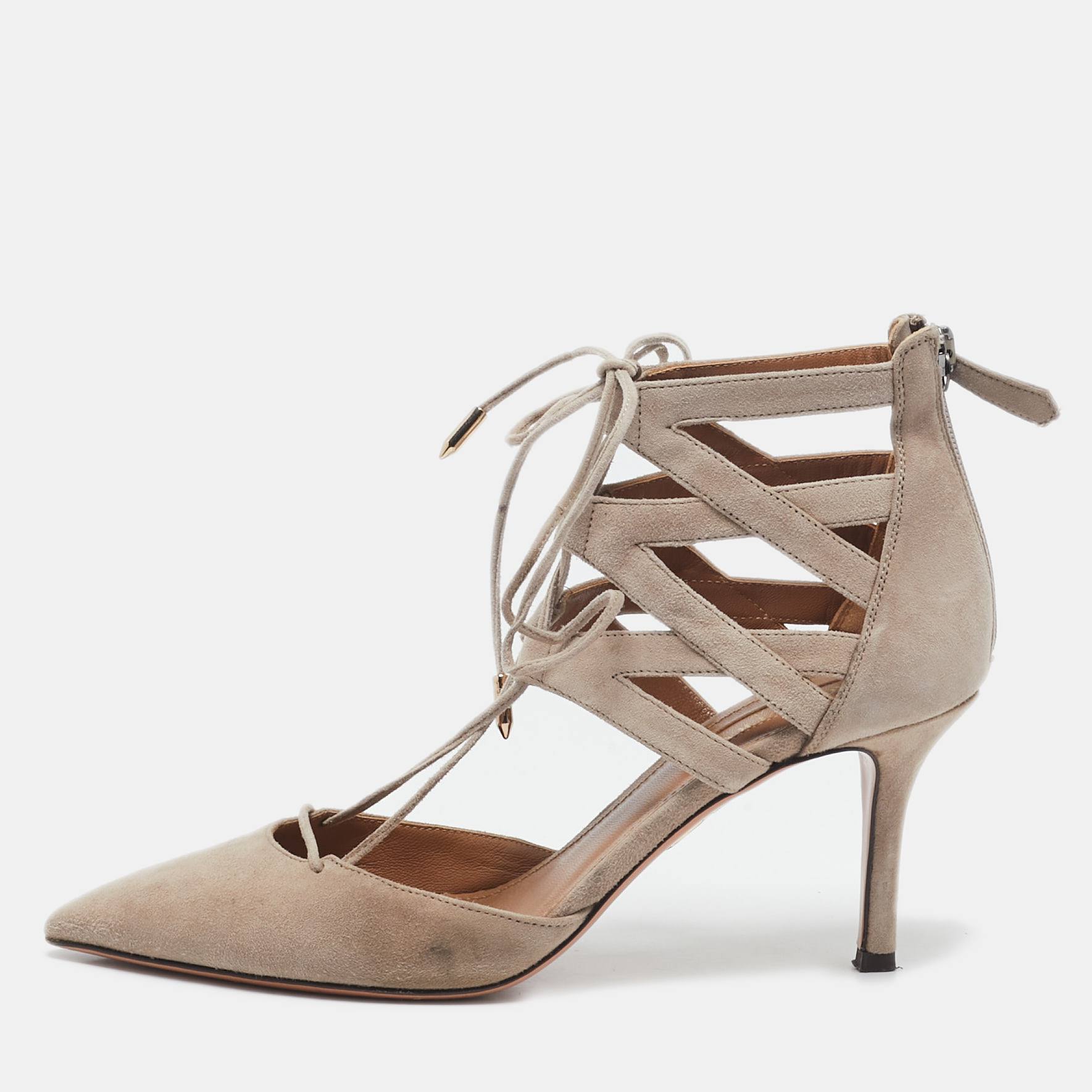 

Aquazzura Beige Suede Belgravia Lace Up Pointed Toe Pumps