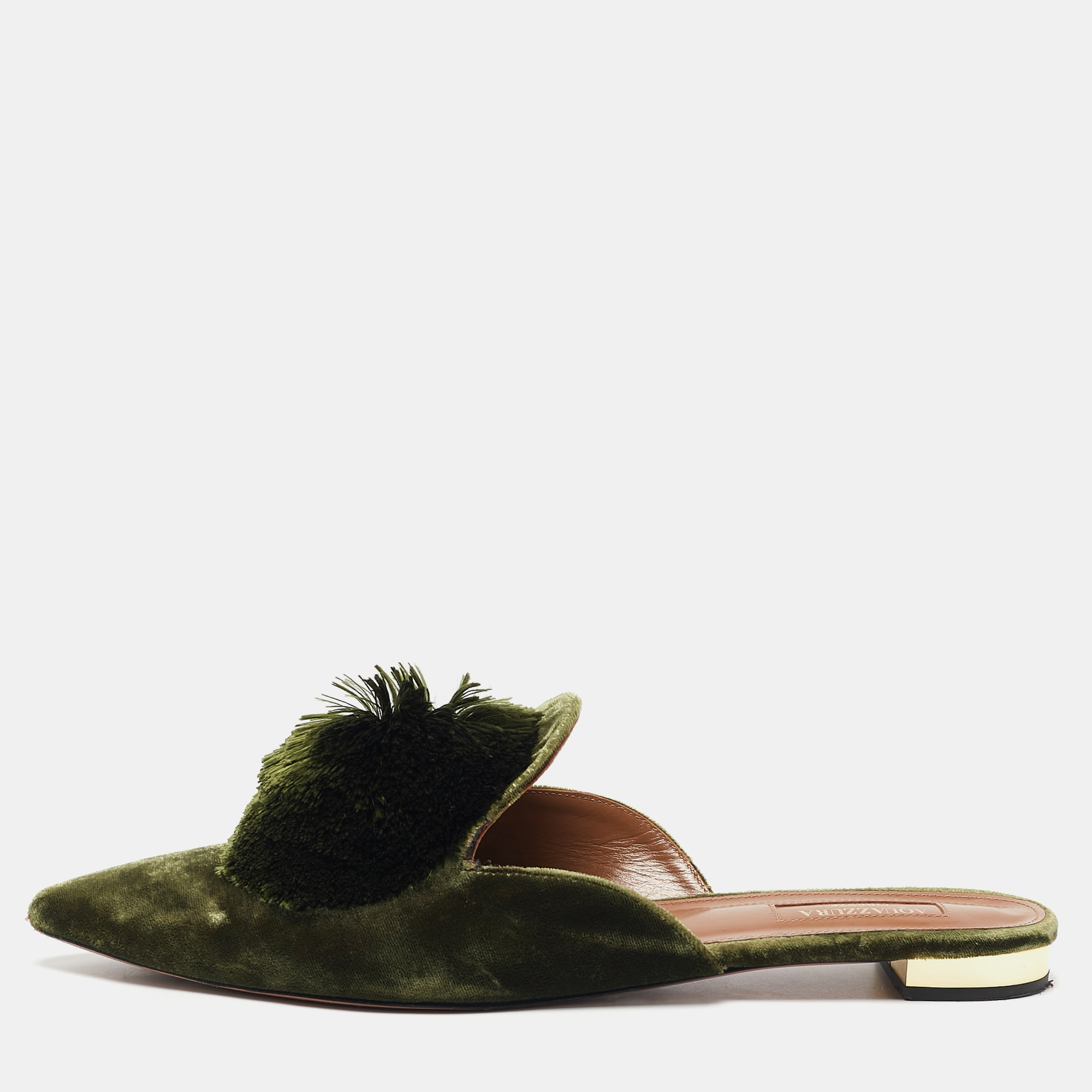 

Aquazzura Green Velvet Powder Puff Mules Size