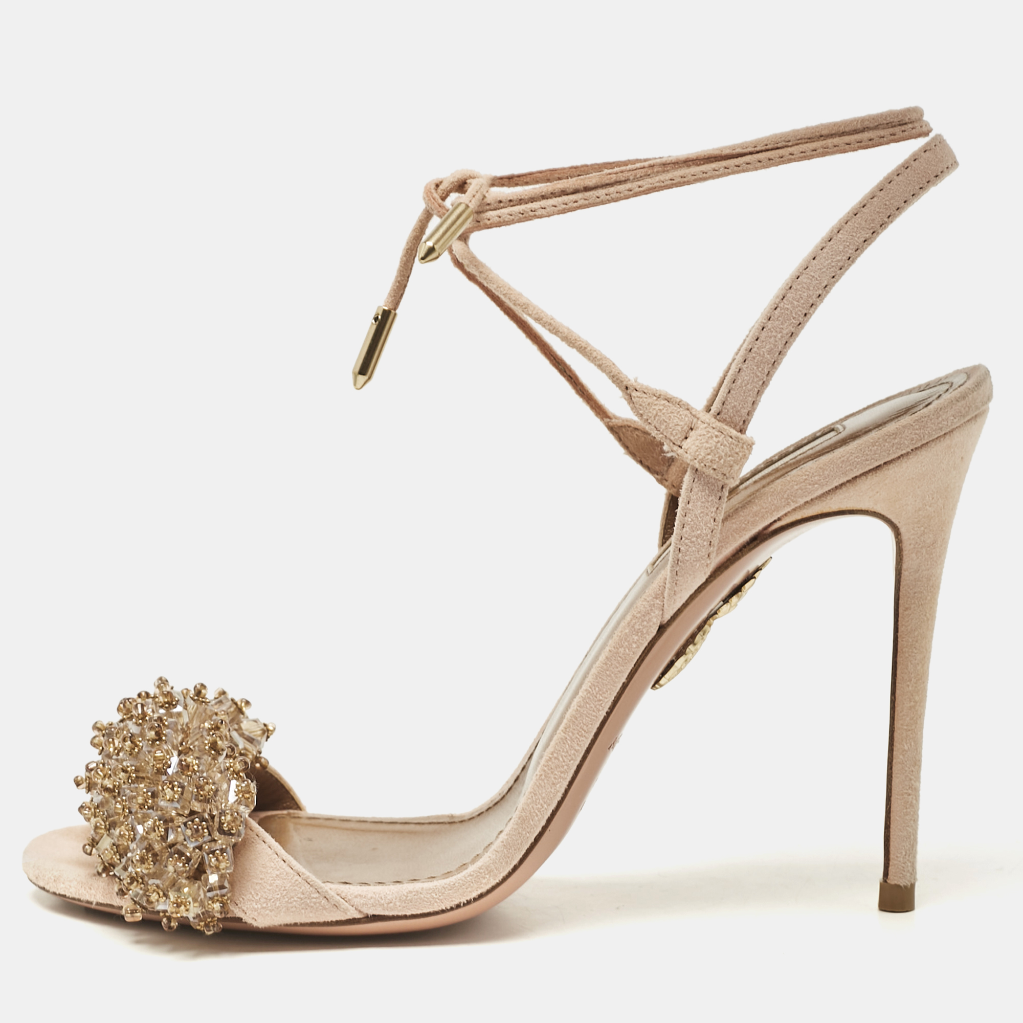 

Aquazzura Peach Suede Monaco Embellished Ankle Wrap Sandals Size, Beige