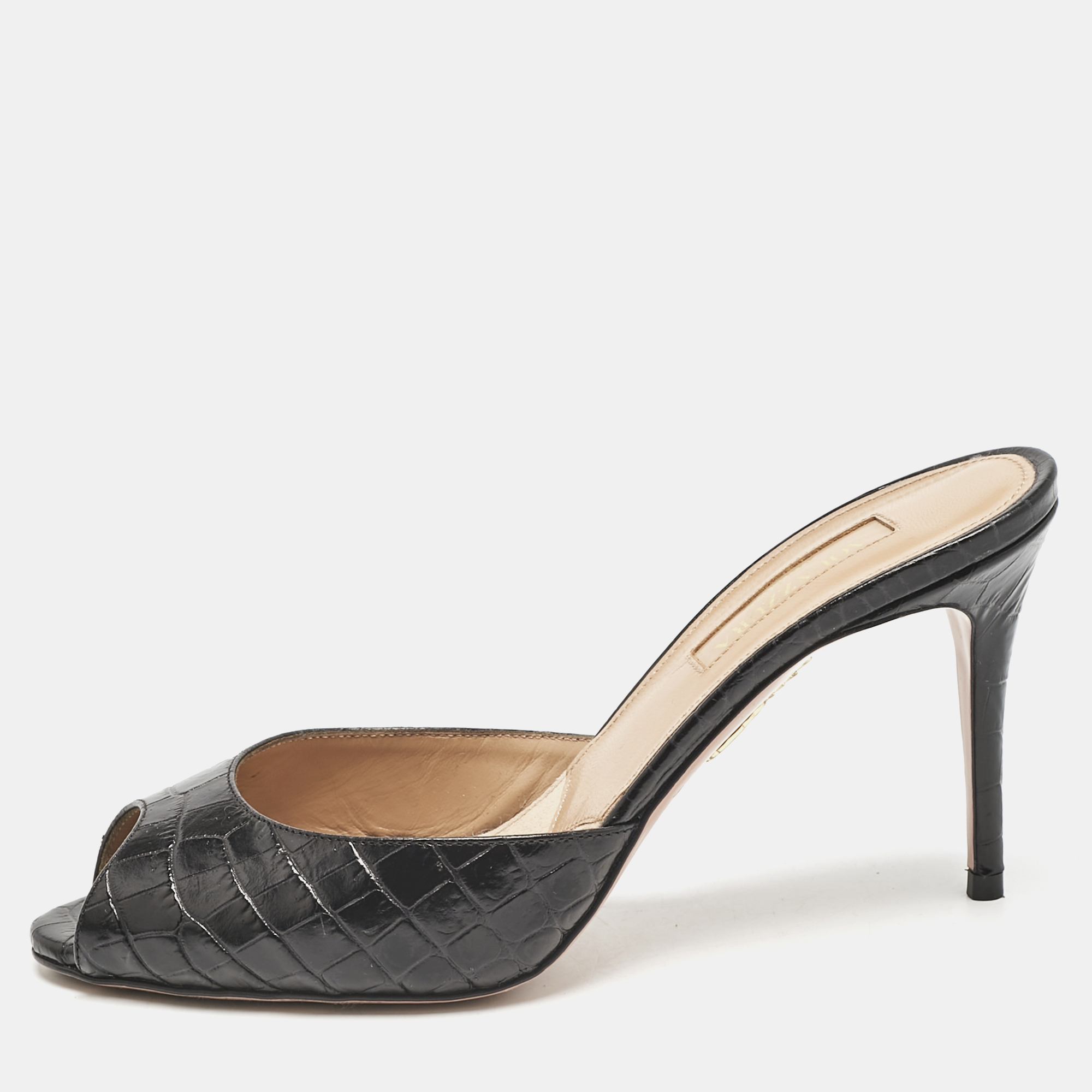 

Aquazzura Black Croc Embossed Leather Mules Size