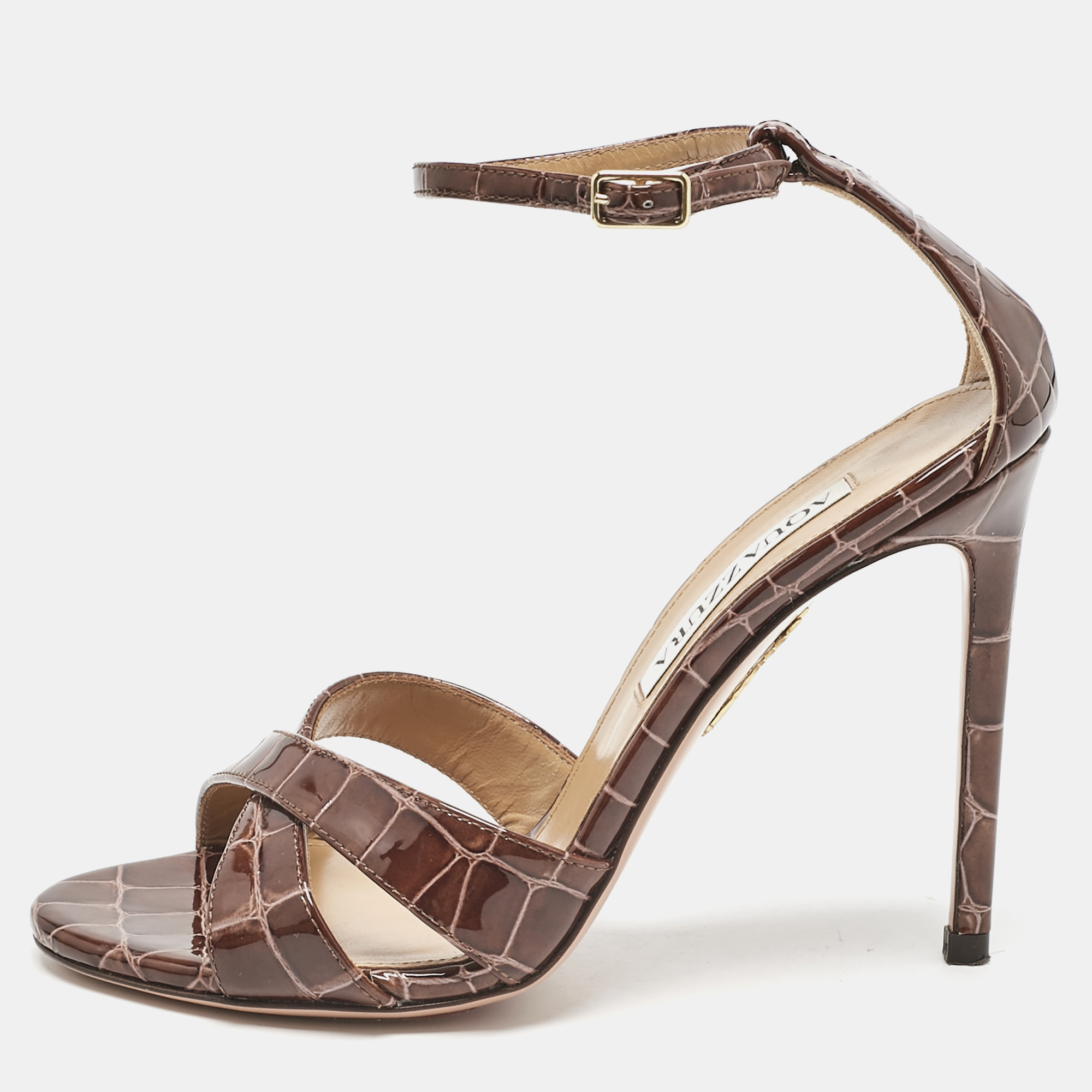 

Aquazzura Brown Croc Embossed Patent Leather Ankle Strap Sandals Size