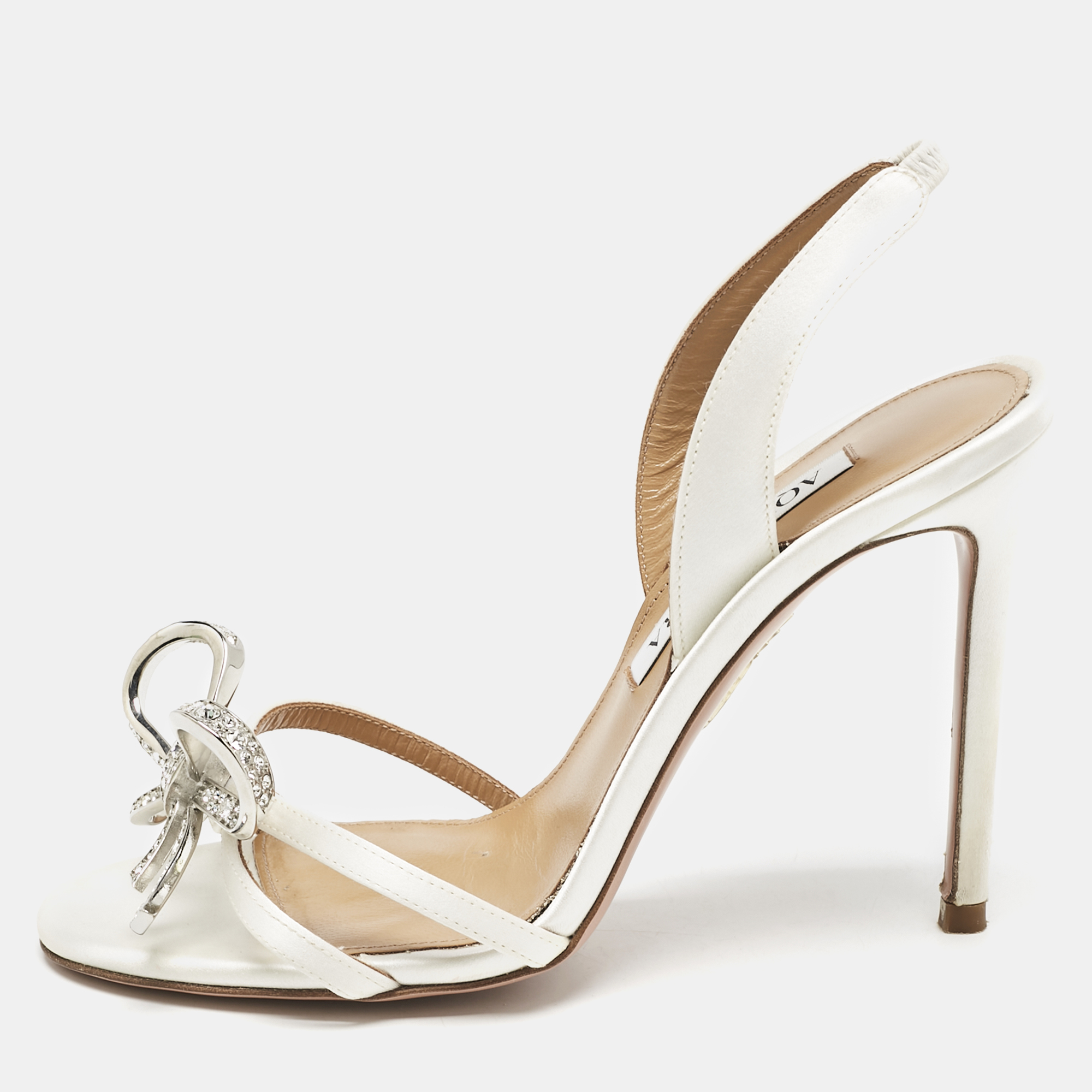 

Aquazzura White Satin Bow Embellished Babe Slingback Sandals Size