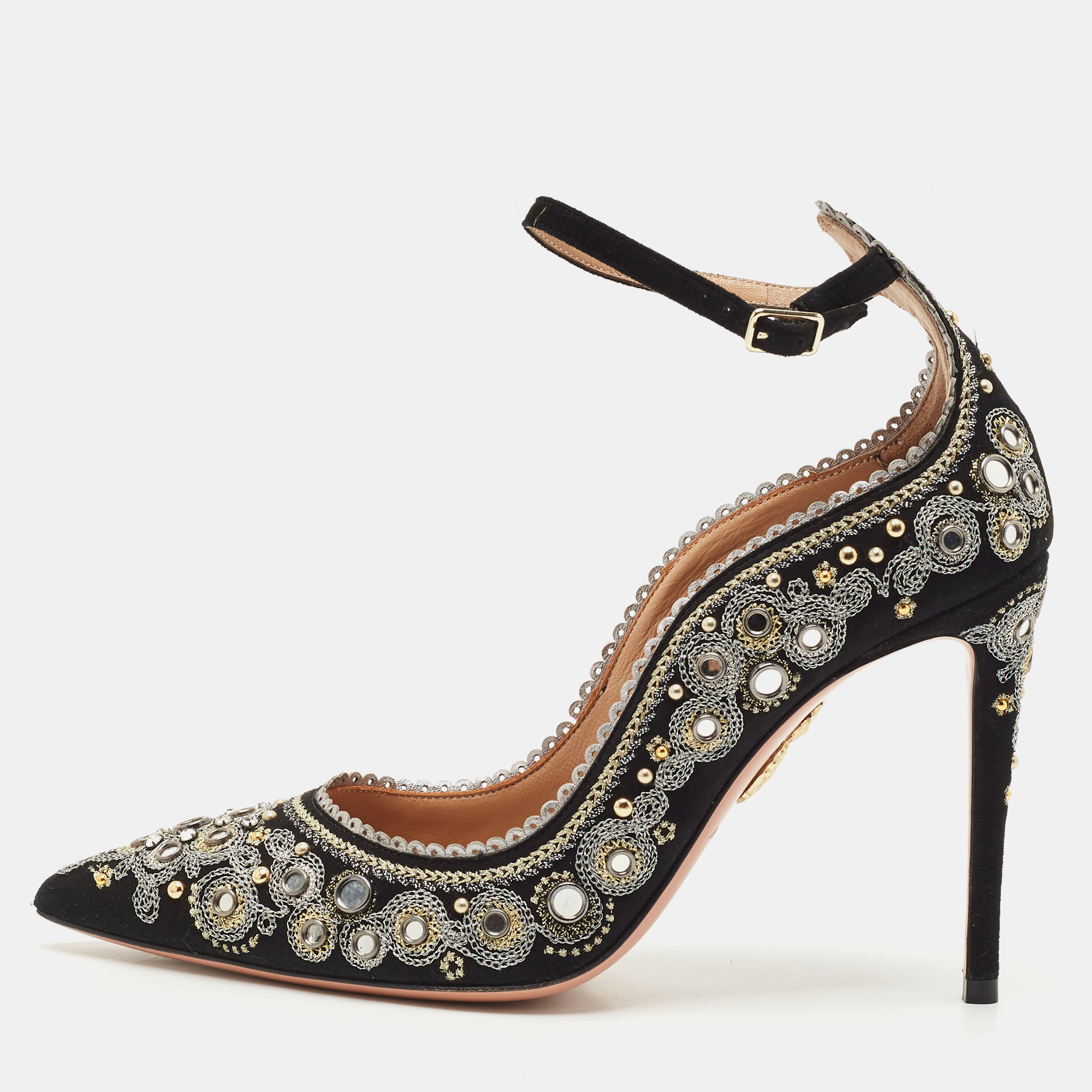 Pre-owned Aquazzura Black Suede Embroidered Jaipur Pointed Toe Ankle Strap Pumps Size 37