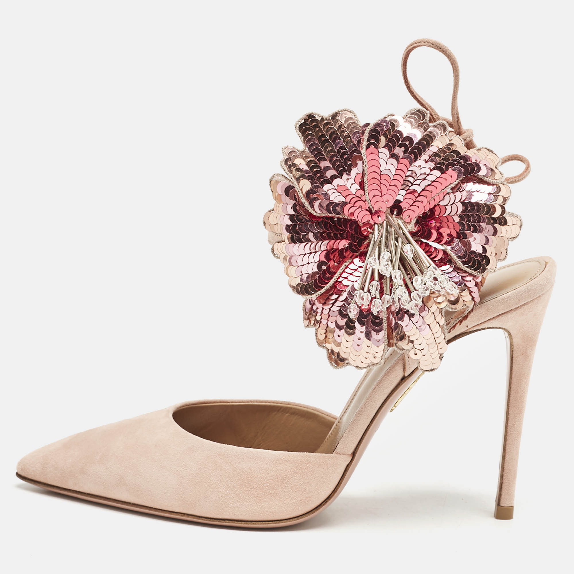

Aquazzura Pink Suede Disco Flower Embellished Ankle Tie Sandals Size