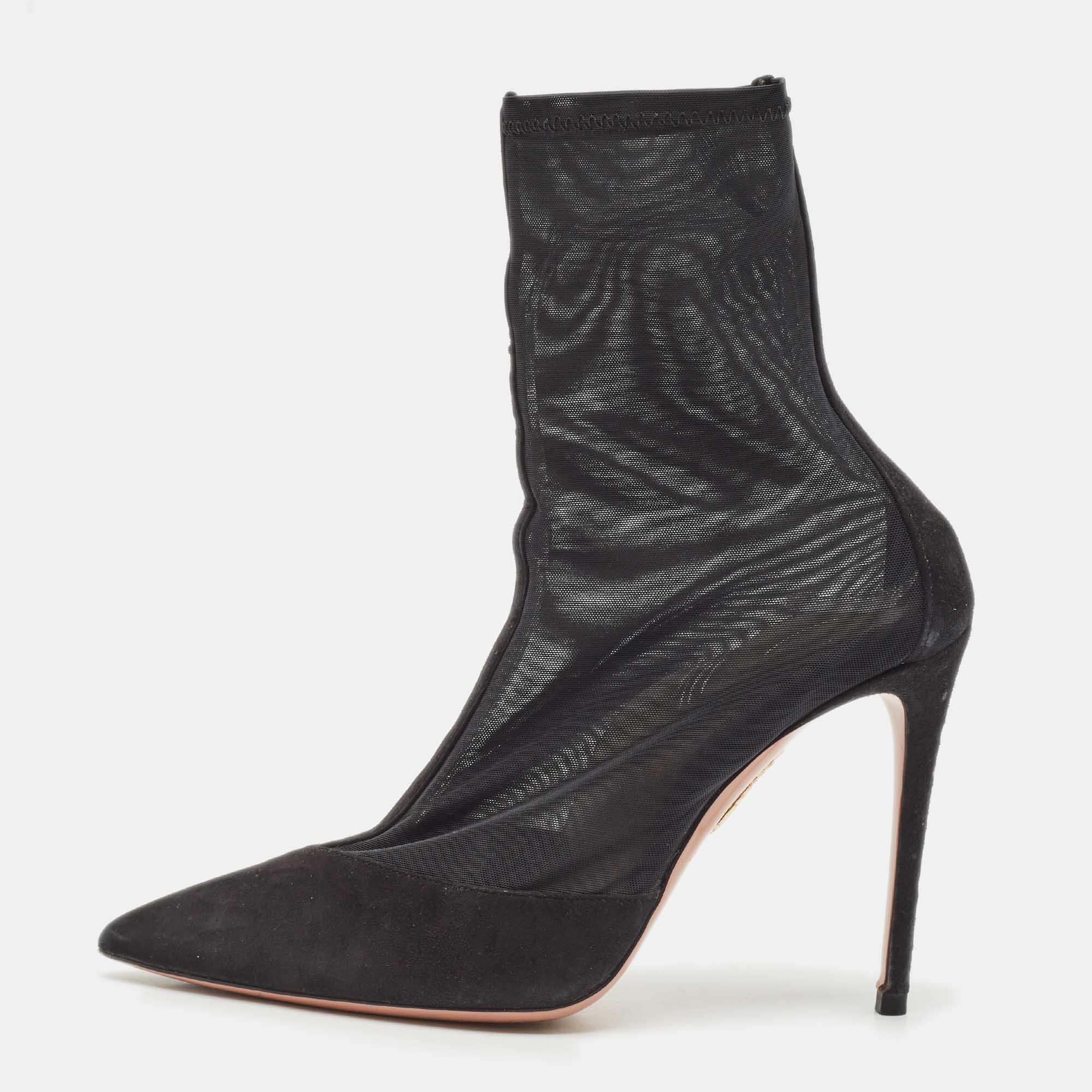 

Aquazzura Black Mesh and Suede Pointed Toe Hot Stuff Ankle Booties Size