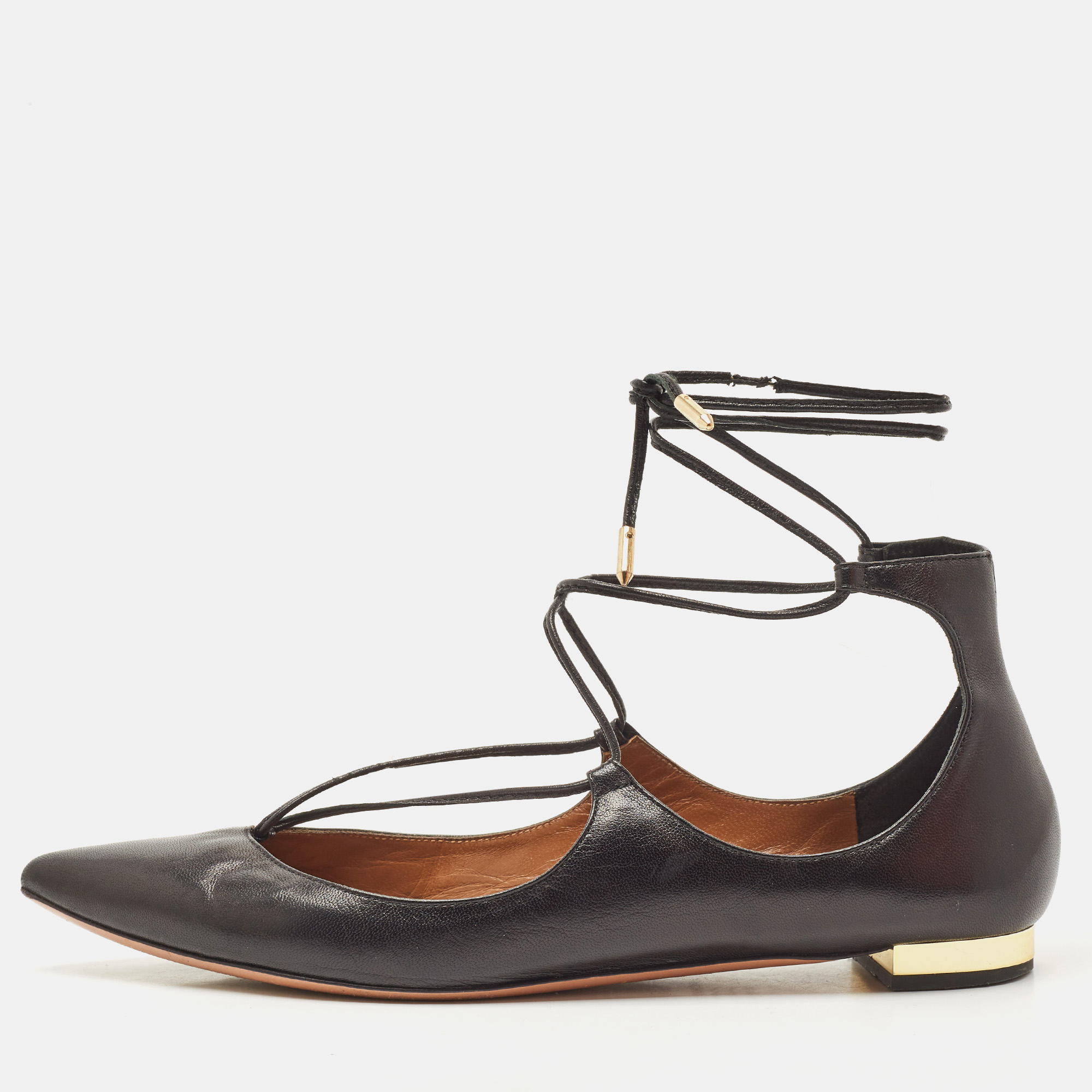 

Aquazzura Black Leather Christy Lace Up Pointed Toe Ballet Flats Size