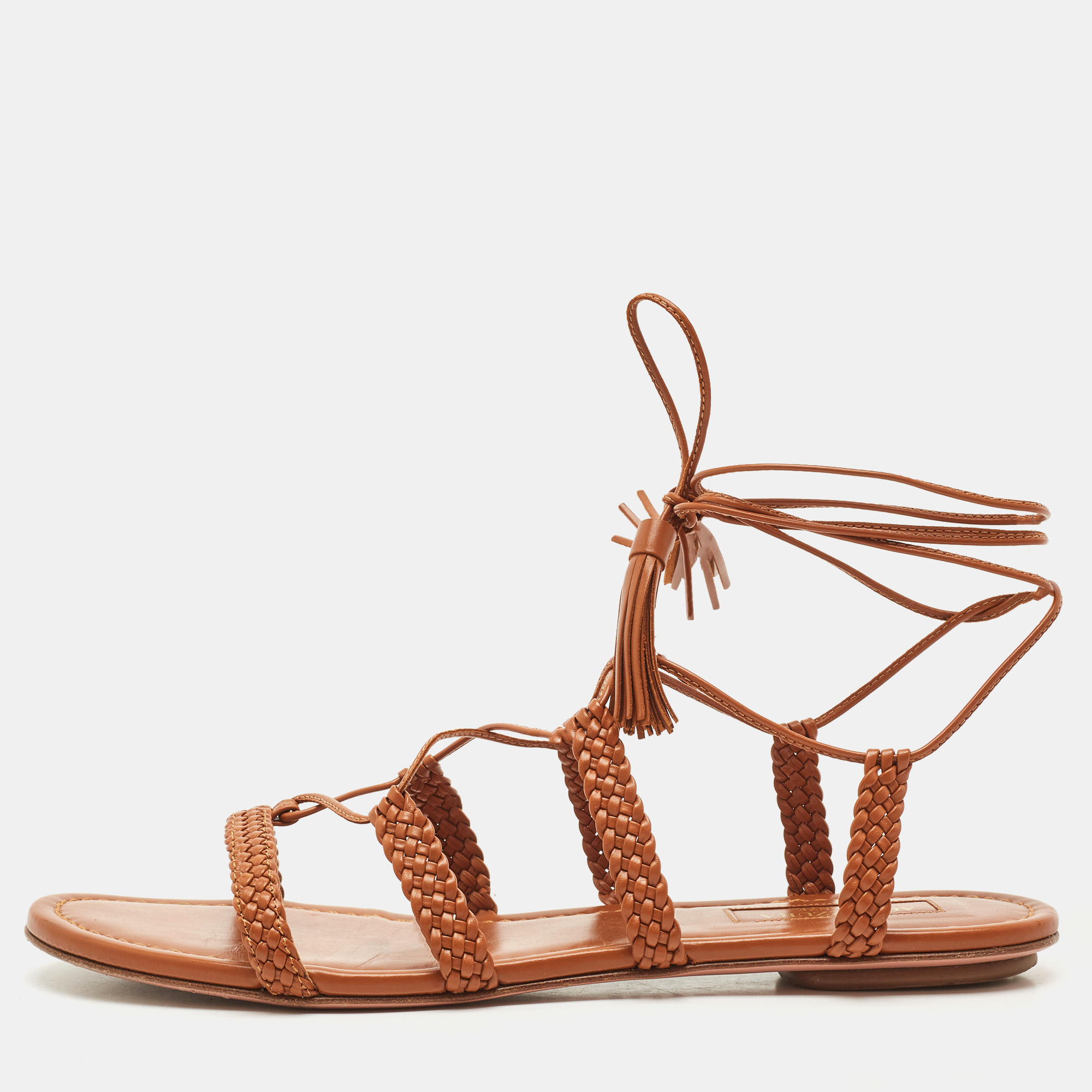 

Aquazzura Tan Leather Braided Stromboli Flat Sandals Size