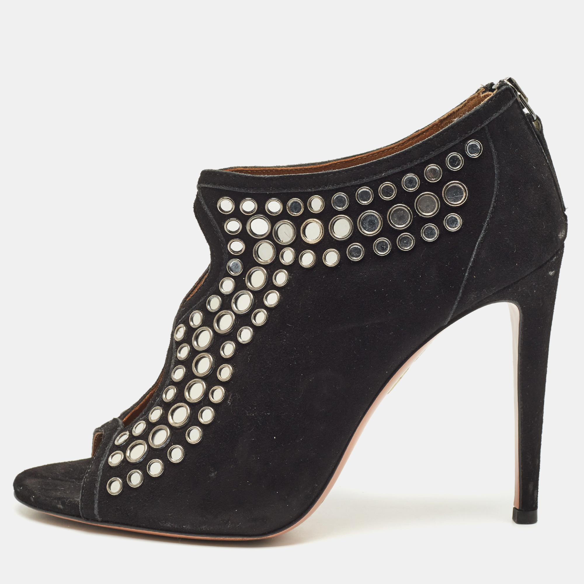 

Aquazzura Black Suede Embellished Peep Toe Booties Size