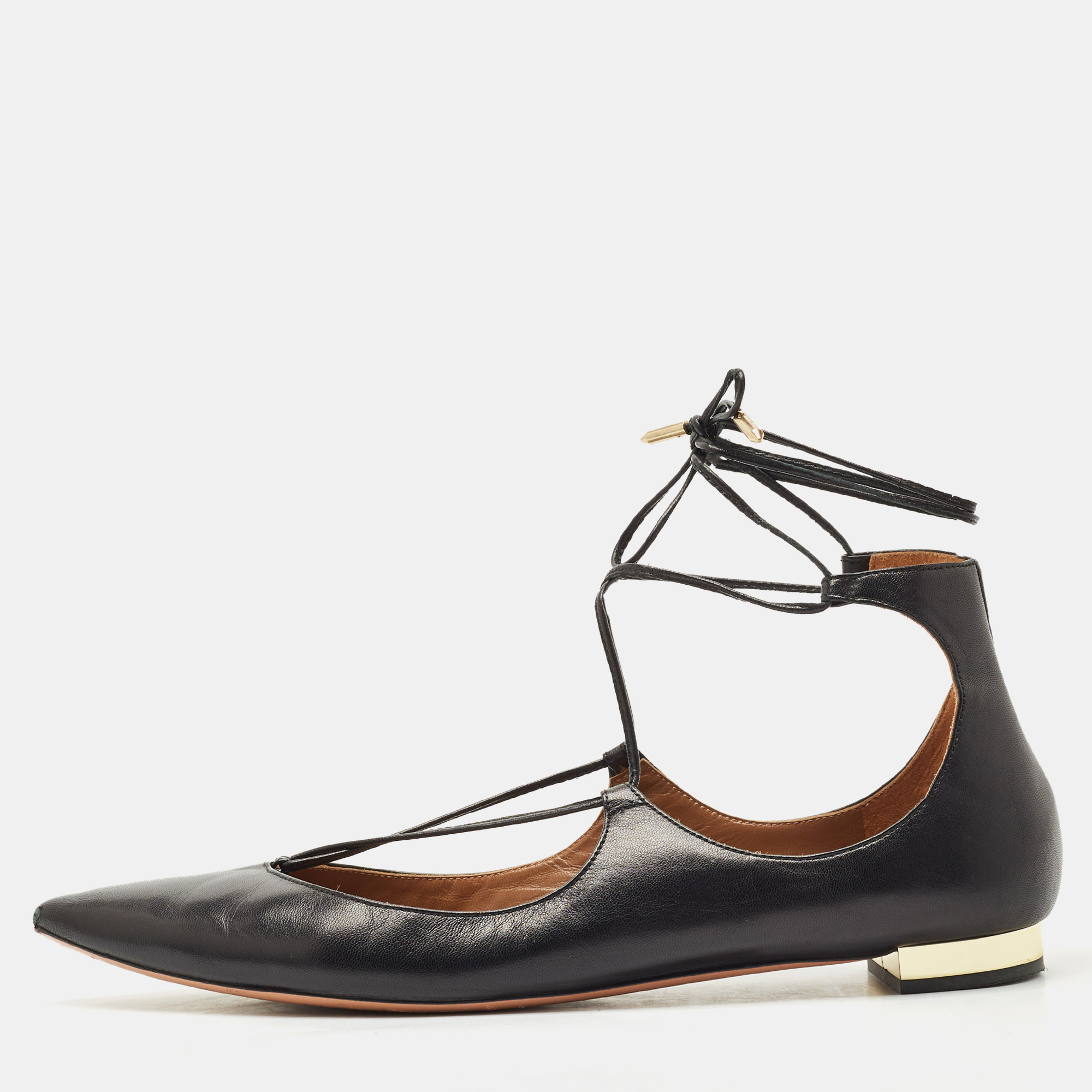 

Aquazzura Black Leather Christy Ankle-Wrap Ballet Flats Size