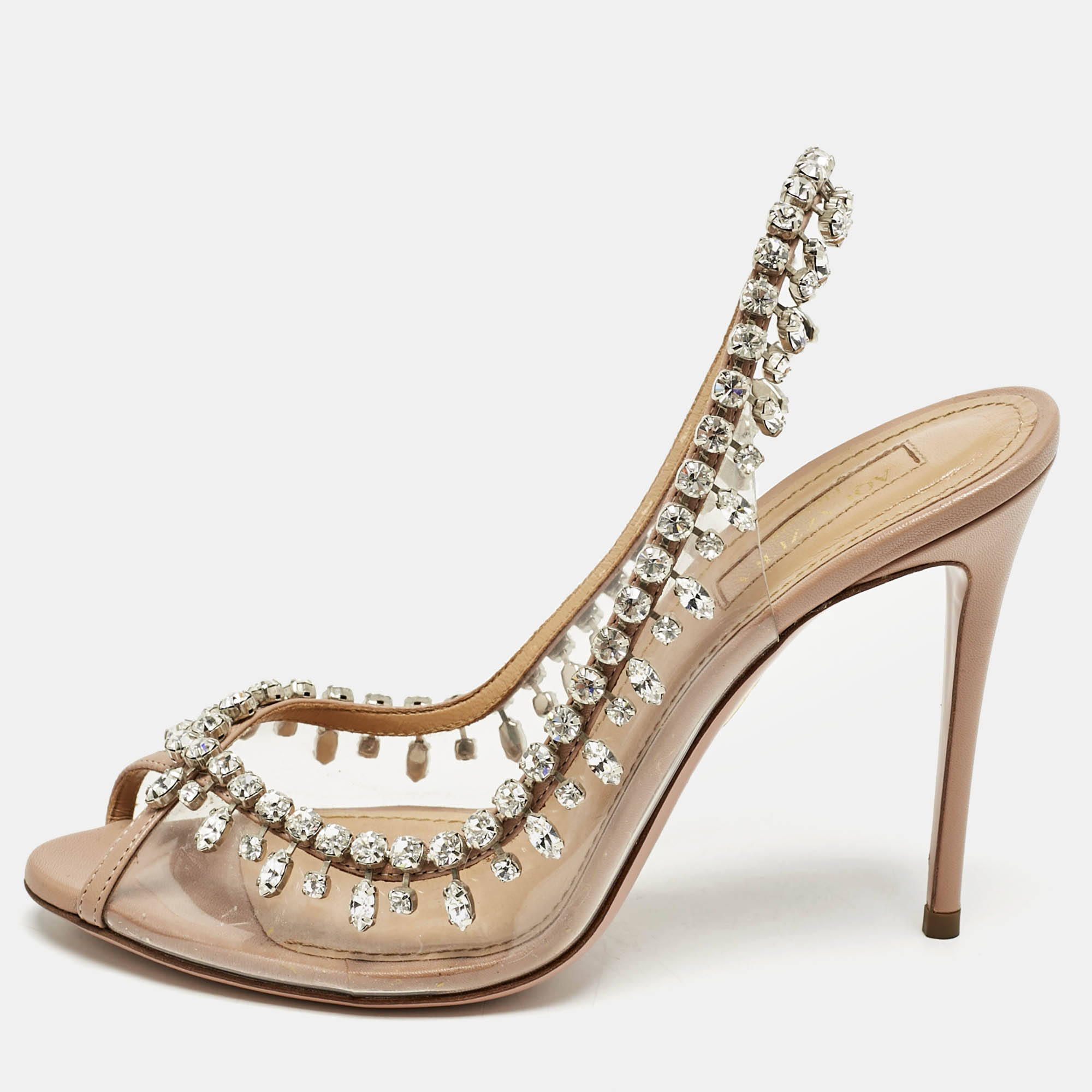 

Aquazzura Beige Leather and PVC Temptation Slingback Sandals Size
